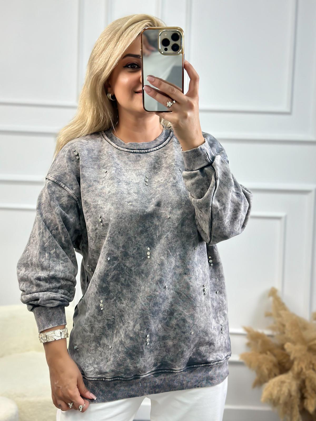 Serpme Taşlı Yıkamalı Sweatshirt ANTRASİT-23YUST000144