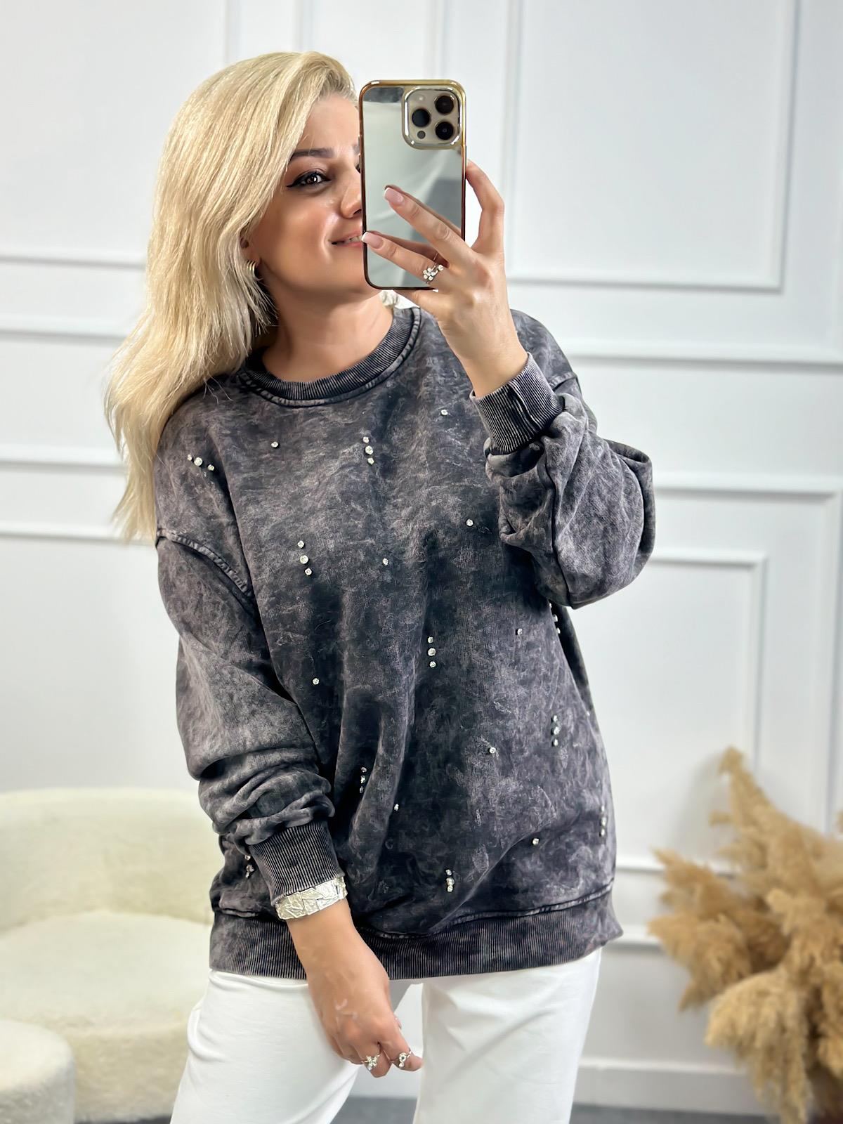 Serpme Taşlı Yıkamalı Sweatshirt FÜME-23YUST000144