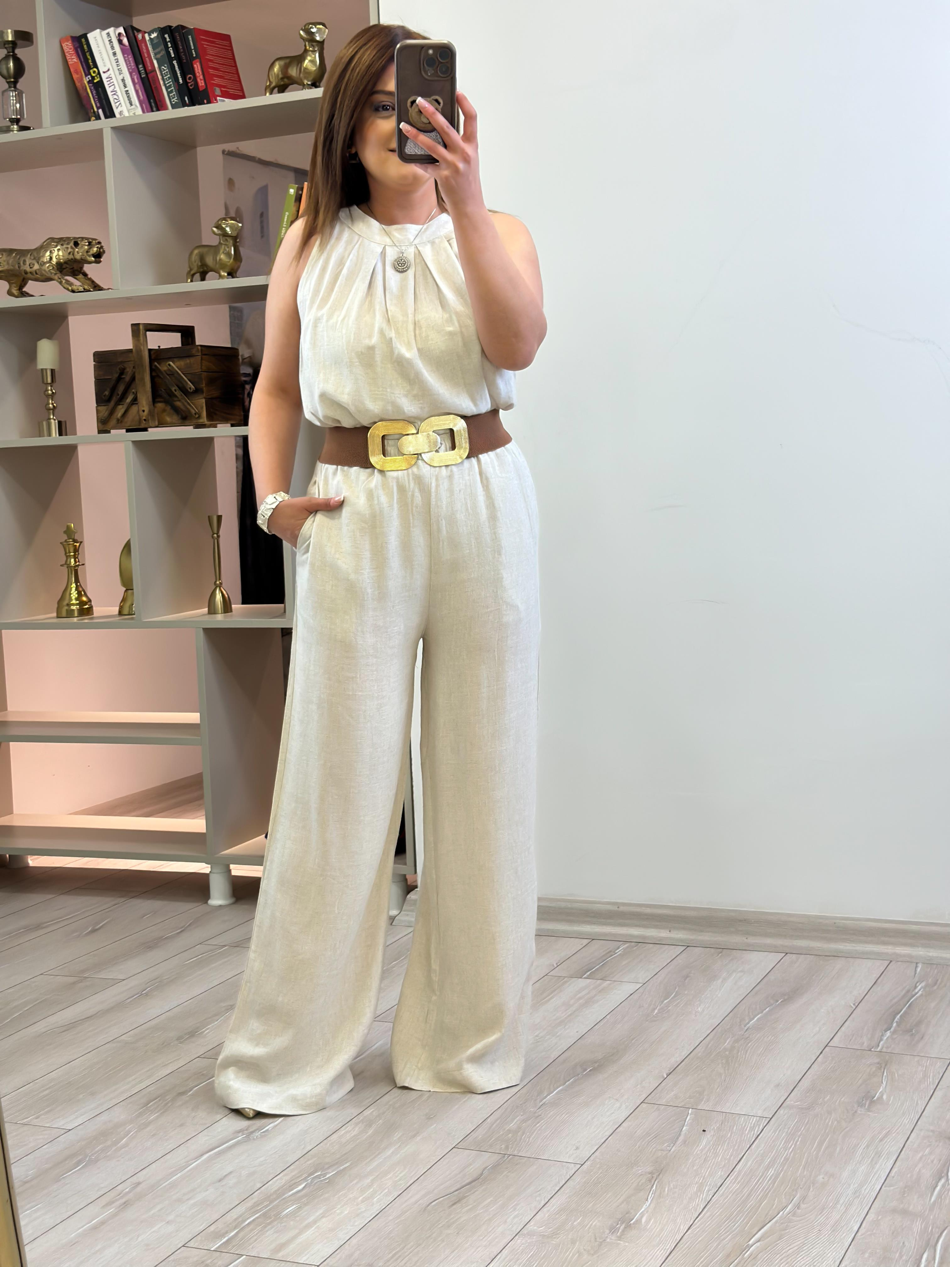 Sıfır Kol Keten Bluz BEJ-23YUST000200