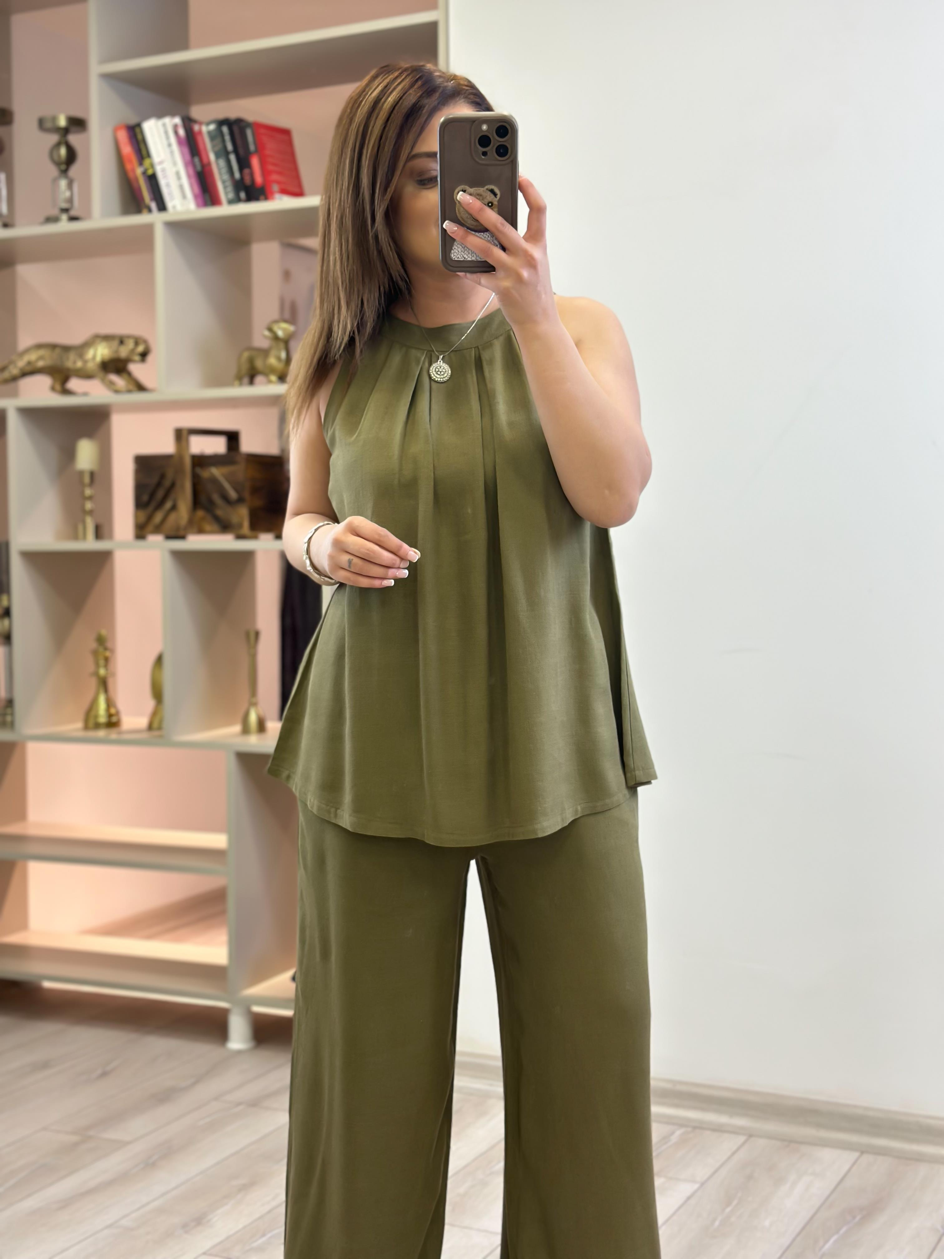 Sıfır Kol Keten Bluz HAKİ-23YUST000200