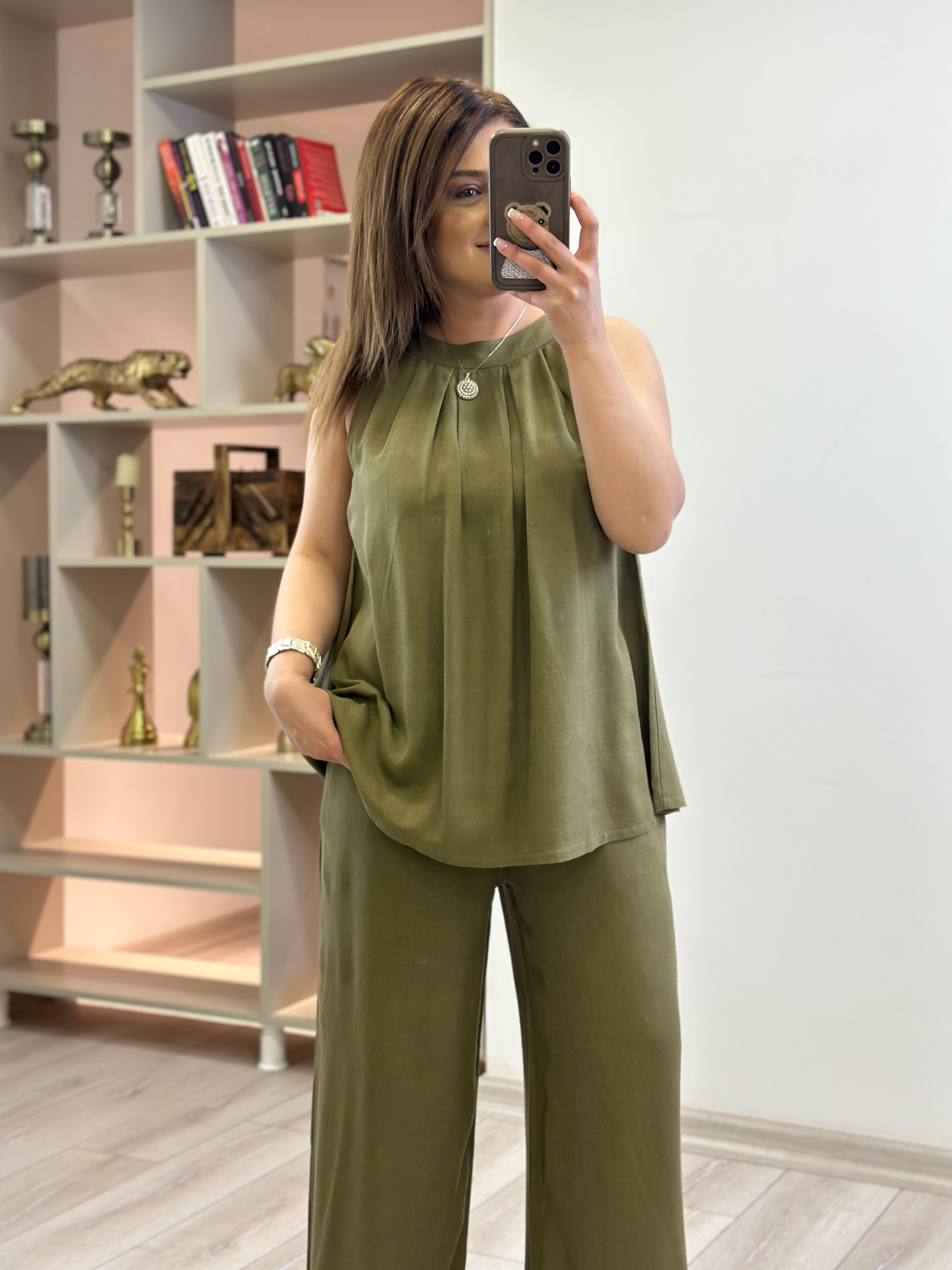 Sıfır Kol Keten Bluz HAKİ-23YUST000200
