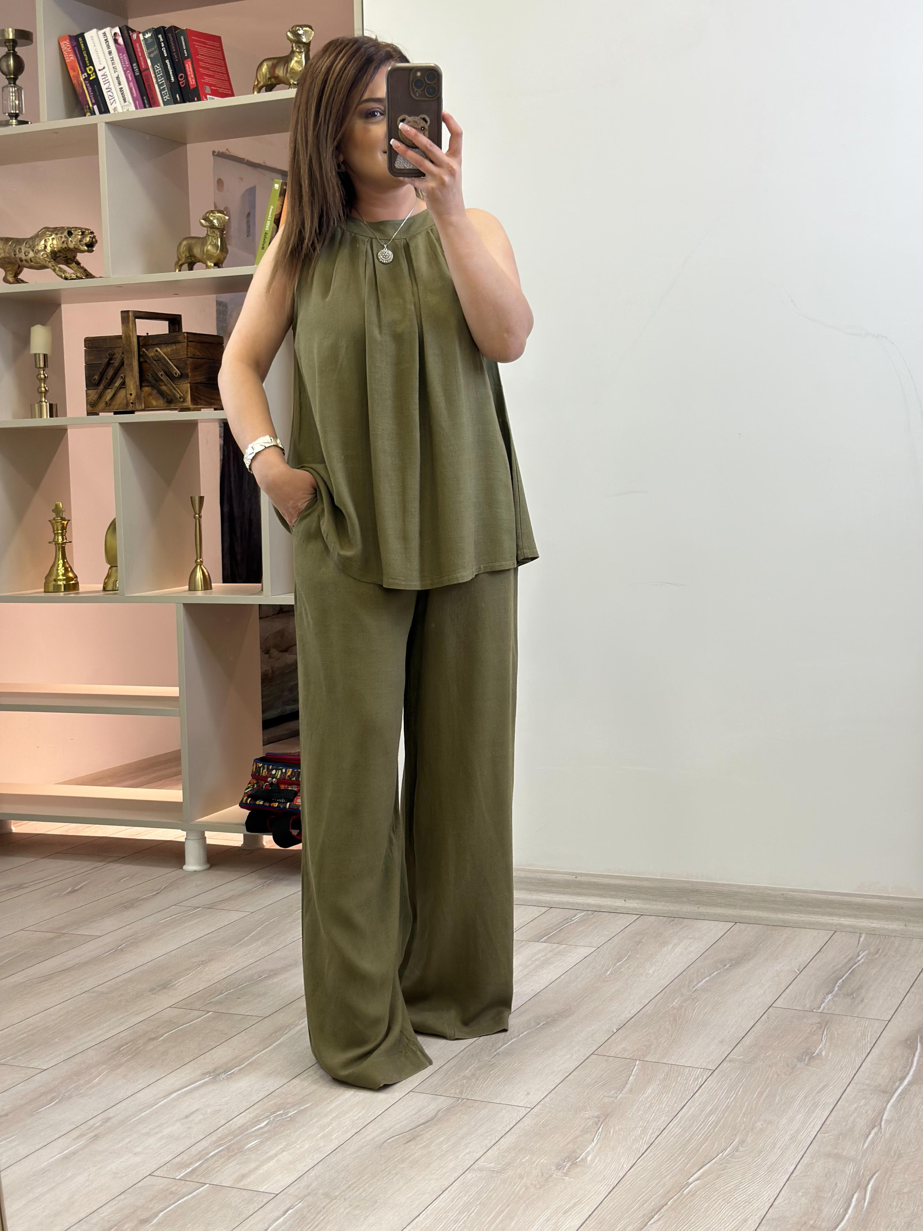 Sıfır Kol Keten Bluz HAKİ-23YUST000200