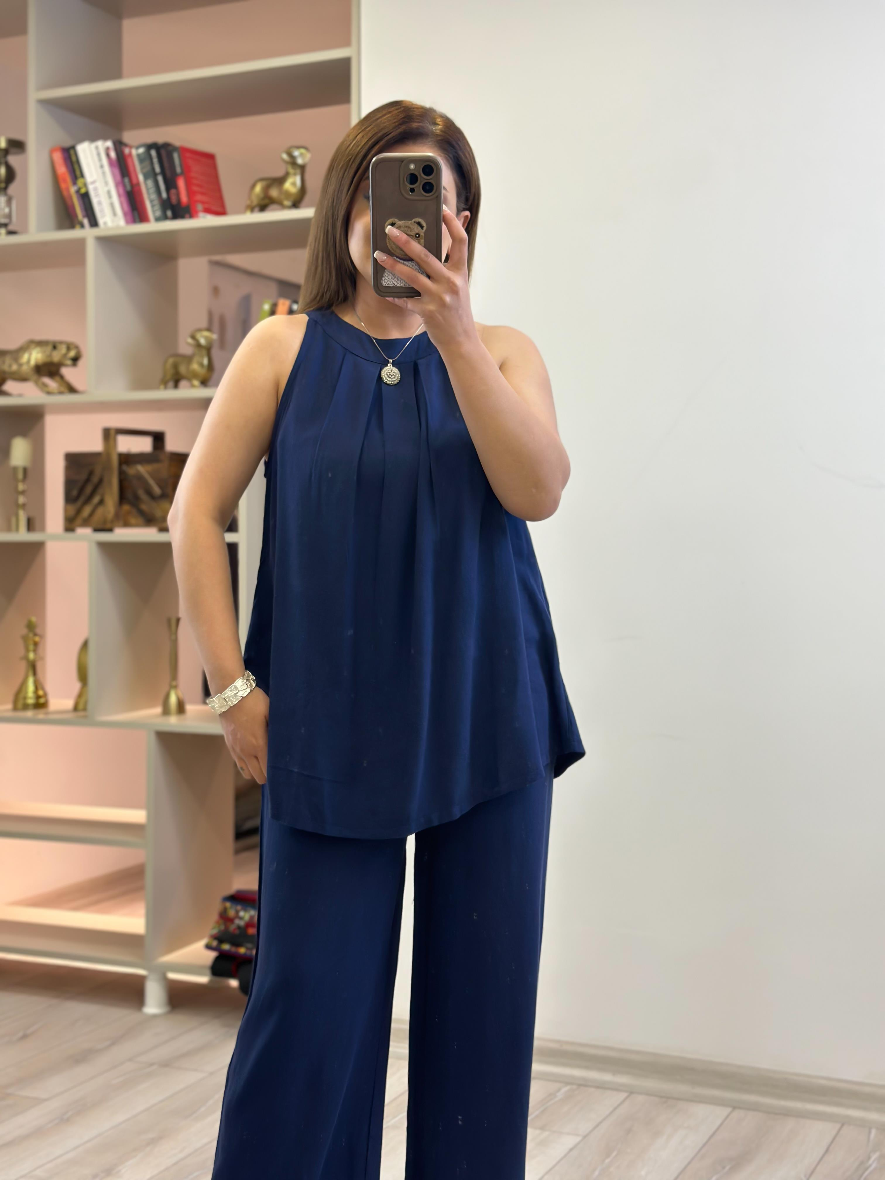 Sıfır Kol Keten Bluz LACİVERT-23YUST000200