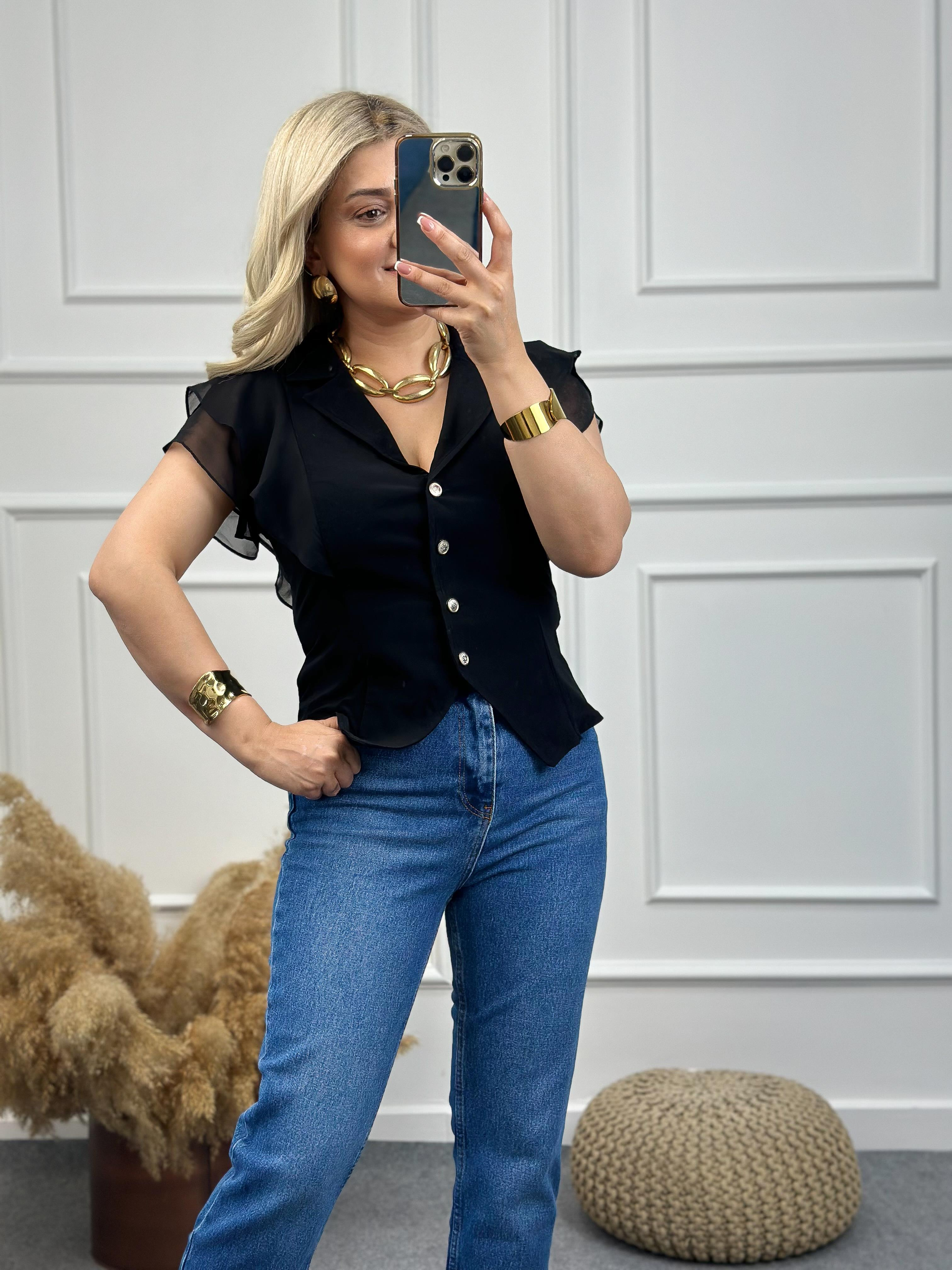 Şifon Kol Düğmeli Bluz SİYAH-23YUST000110