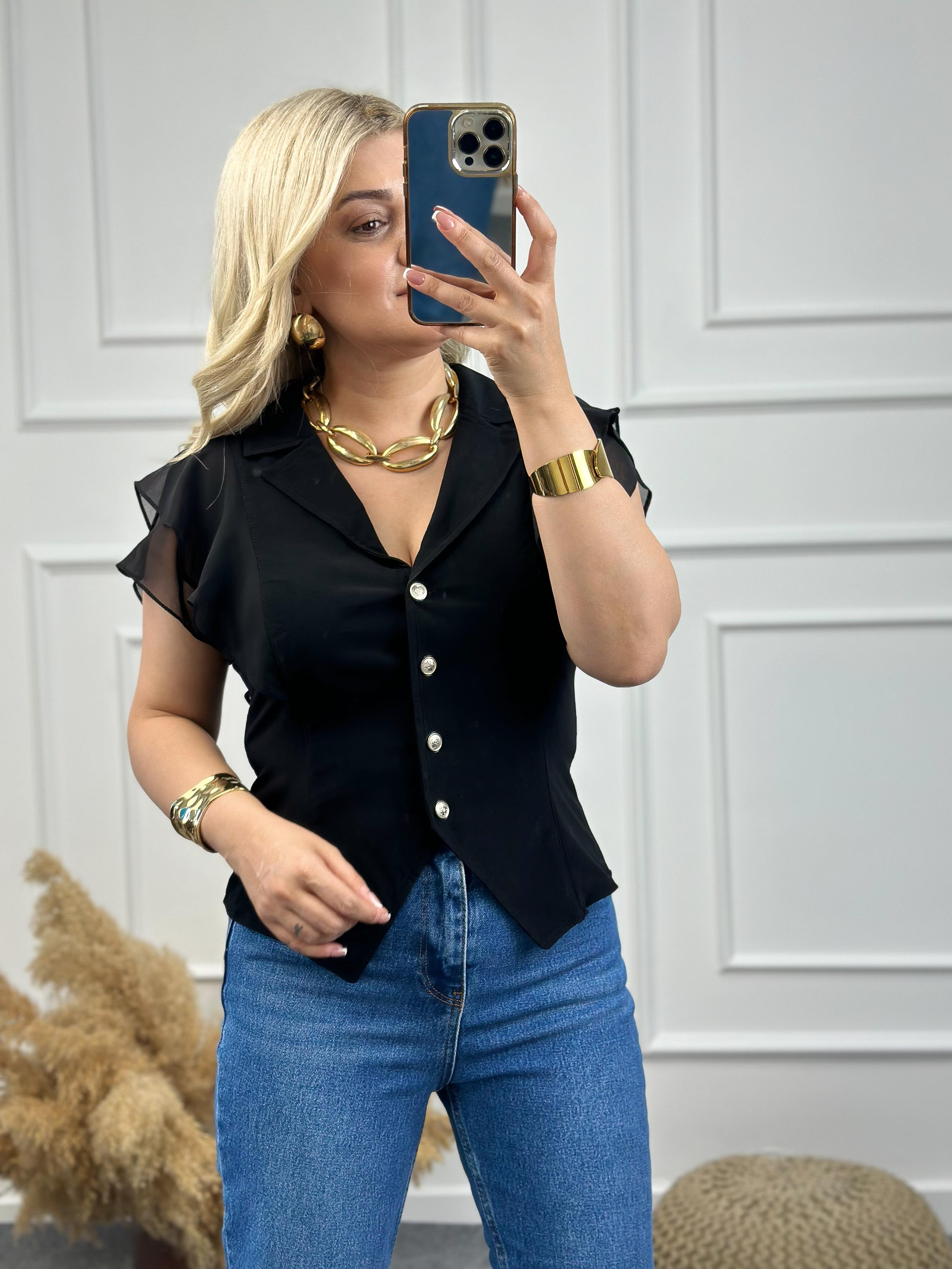 Şifon Kol Düğmeli Bluz SİYAH-23YUST000110