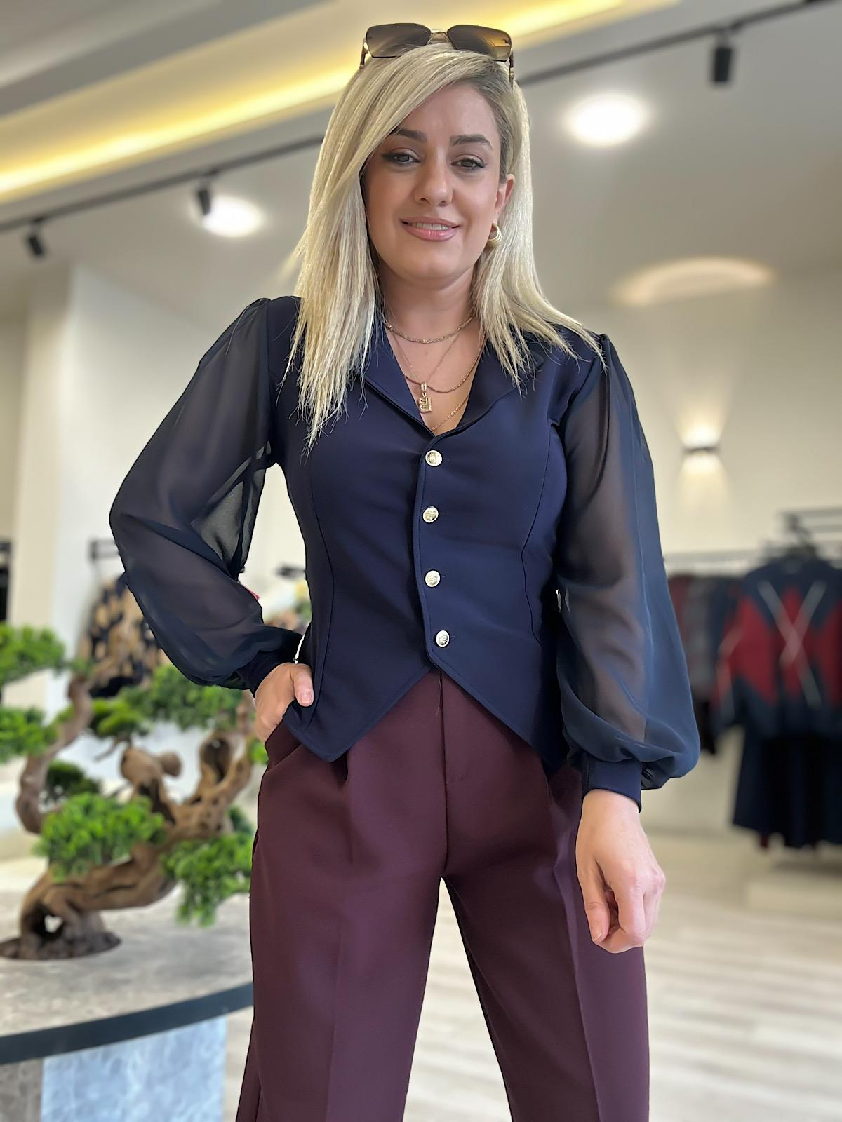 Şifon Uzun Kol Düğmeli Bluz LARCİVET-23YUST000143
