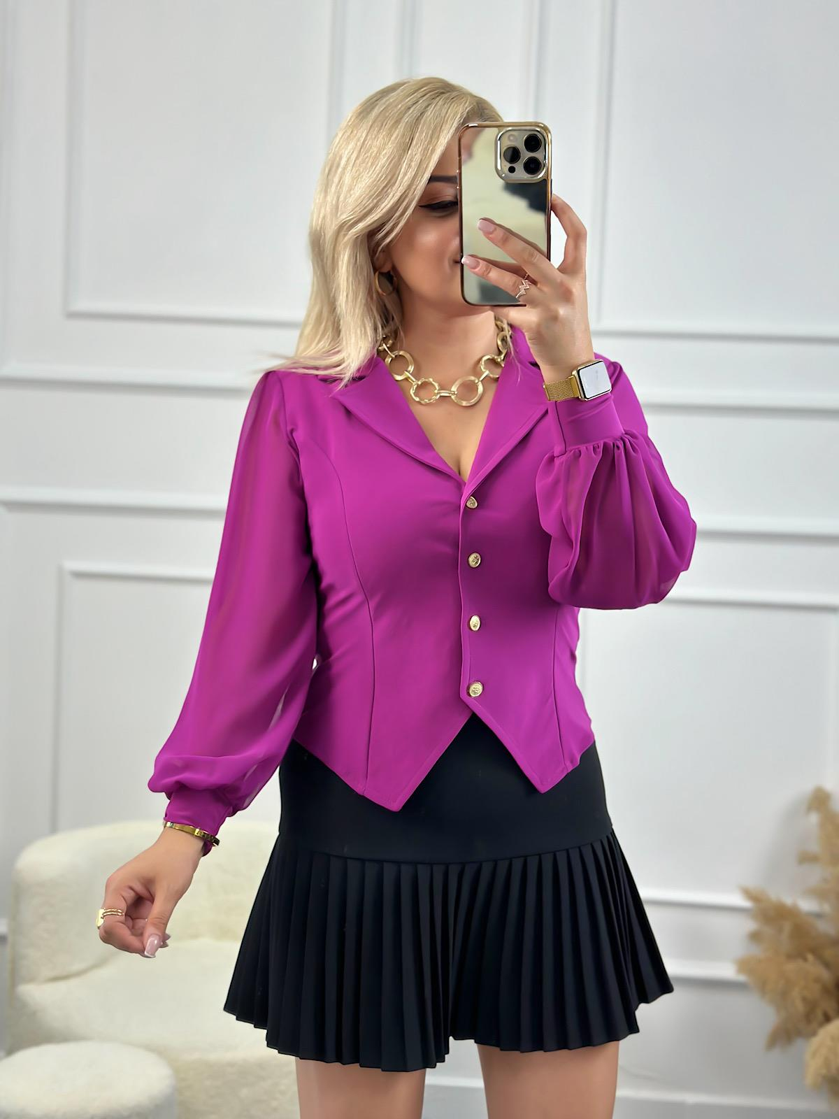 Şifon Uzun Kol Düğmeli Bluz MOR-23YUST000143