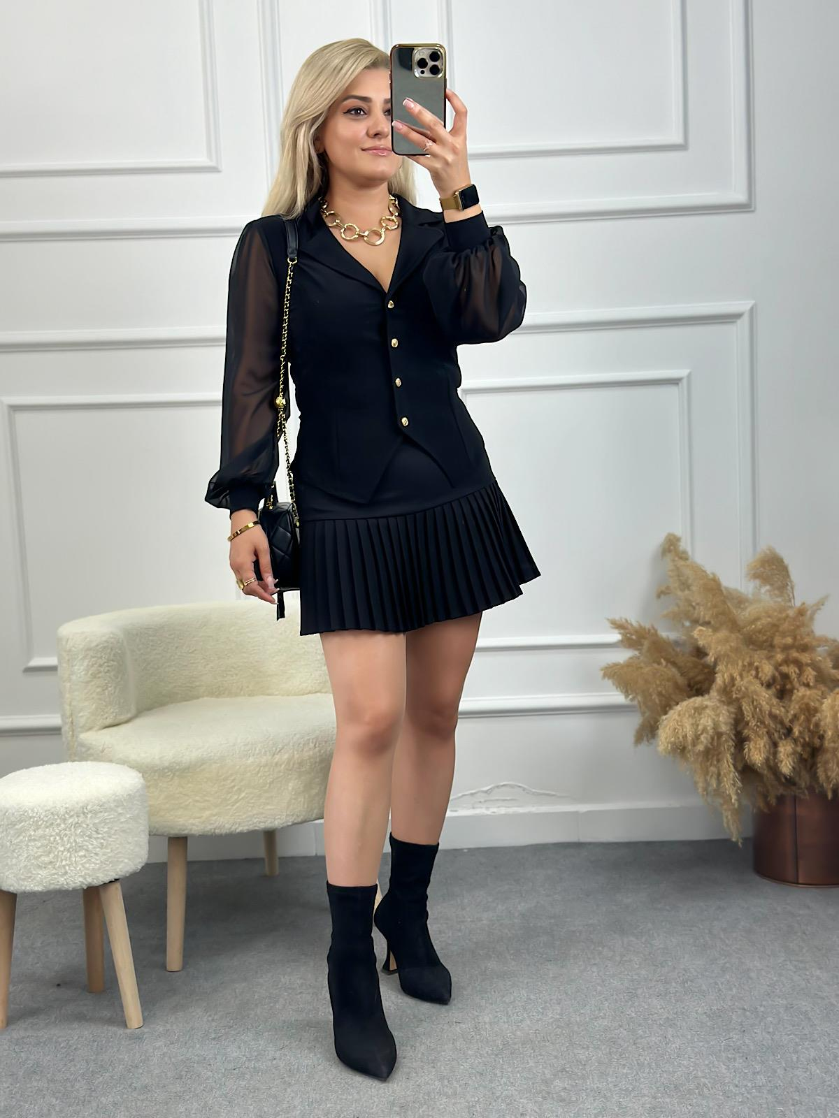 Şifon Uzun Kol Düğmeli Bluz SİYAH-23YUST000143