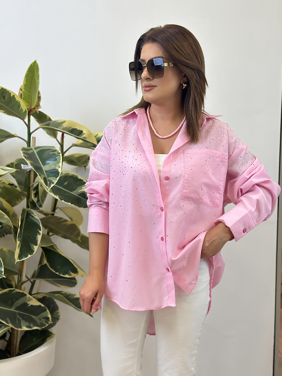 Taş Detaylı Gömlek PEMBE-23YUST000271
