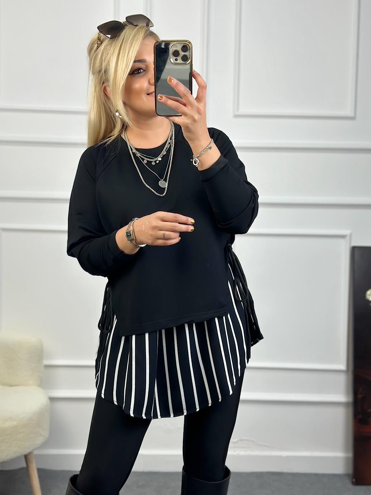 Tasarım Çizgili Yanları Bağlama Detaylı Sweatshirt SİYAH-23KUST000086