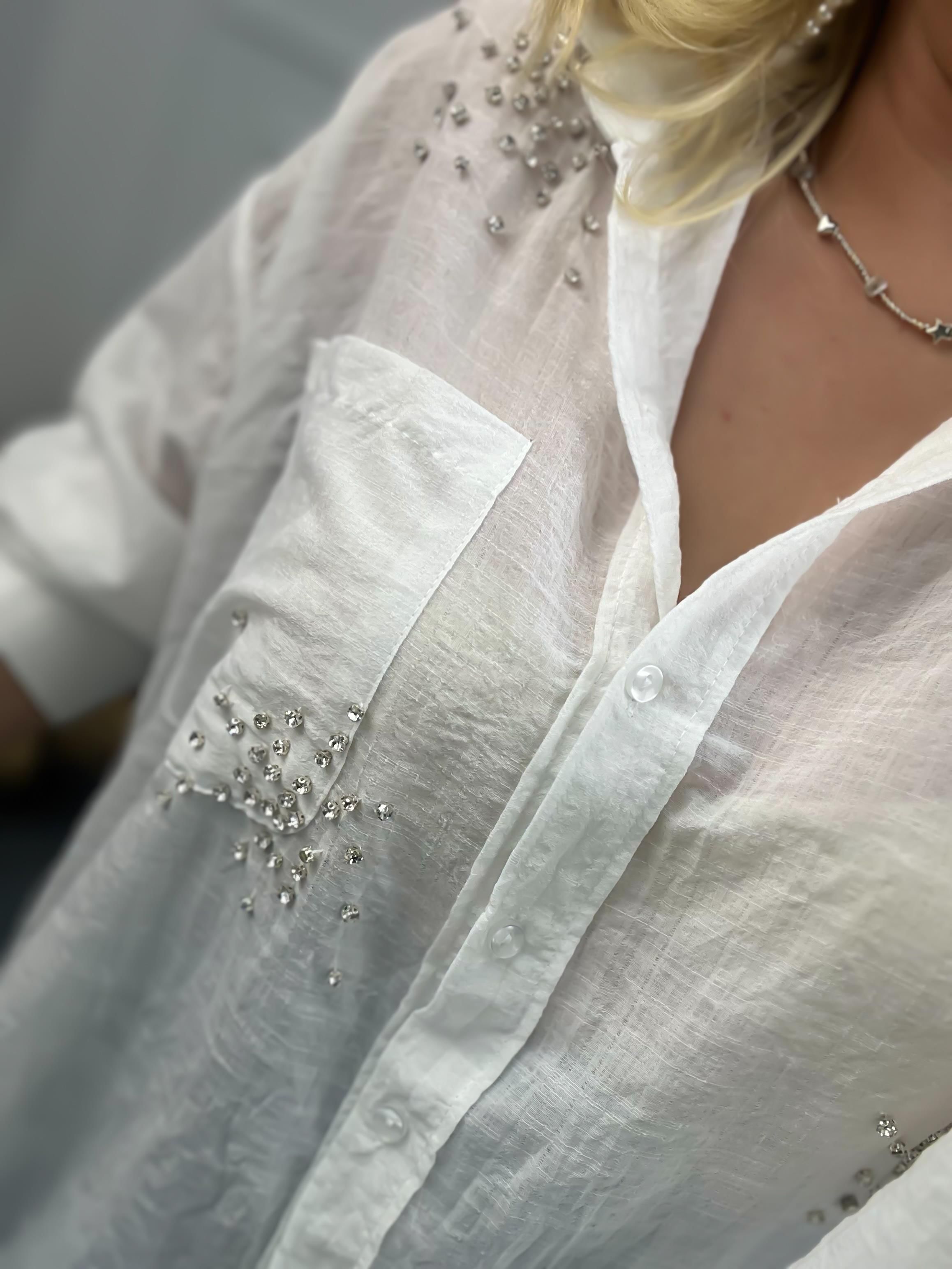 Taşlı Cepli Oversize Gömlek BEYAZ-23YUST000089