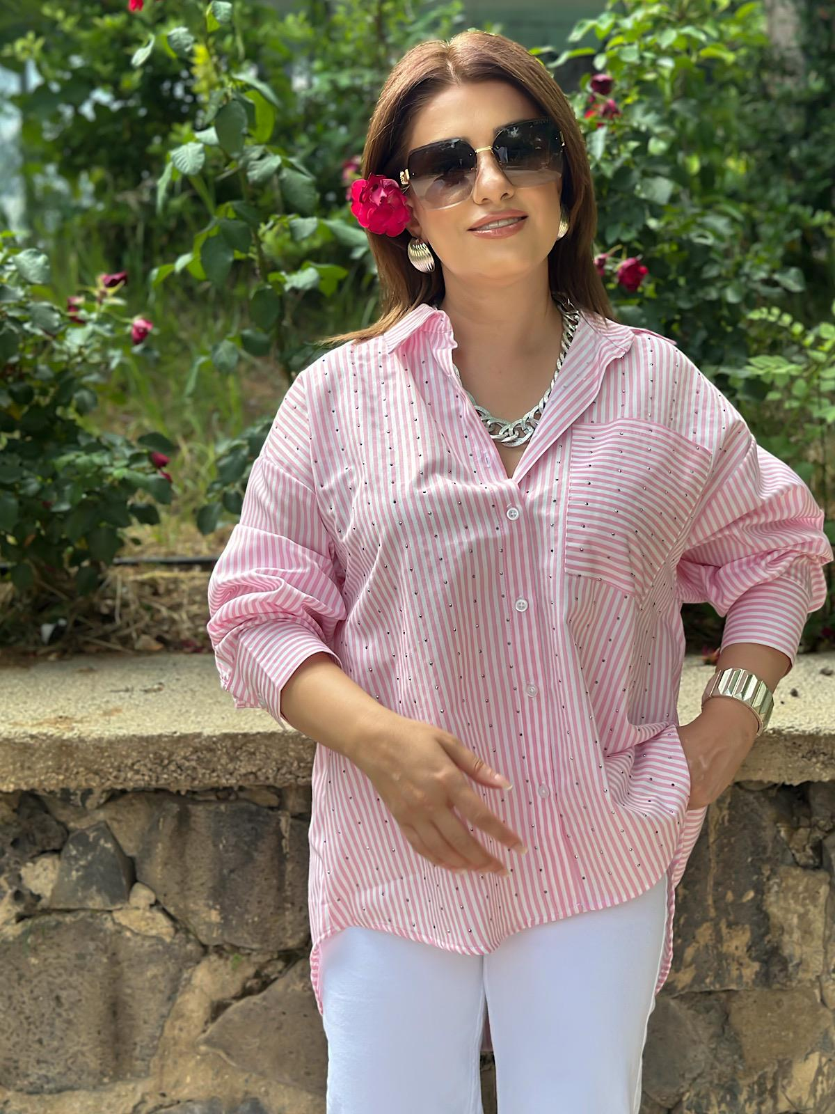 Taşlı Çizgili Gömlek PEMBE BEYAZ-23YUST000272