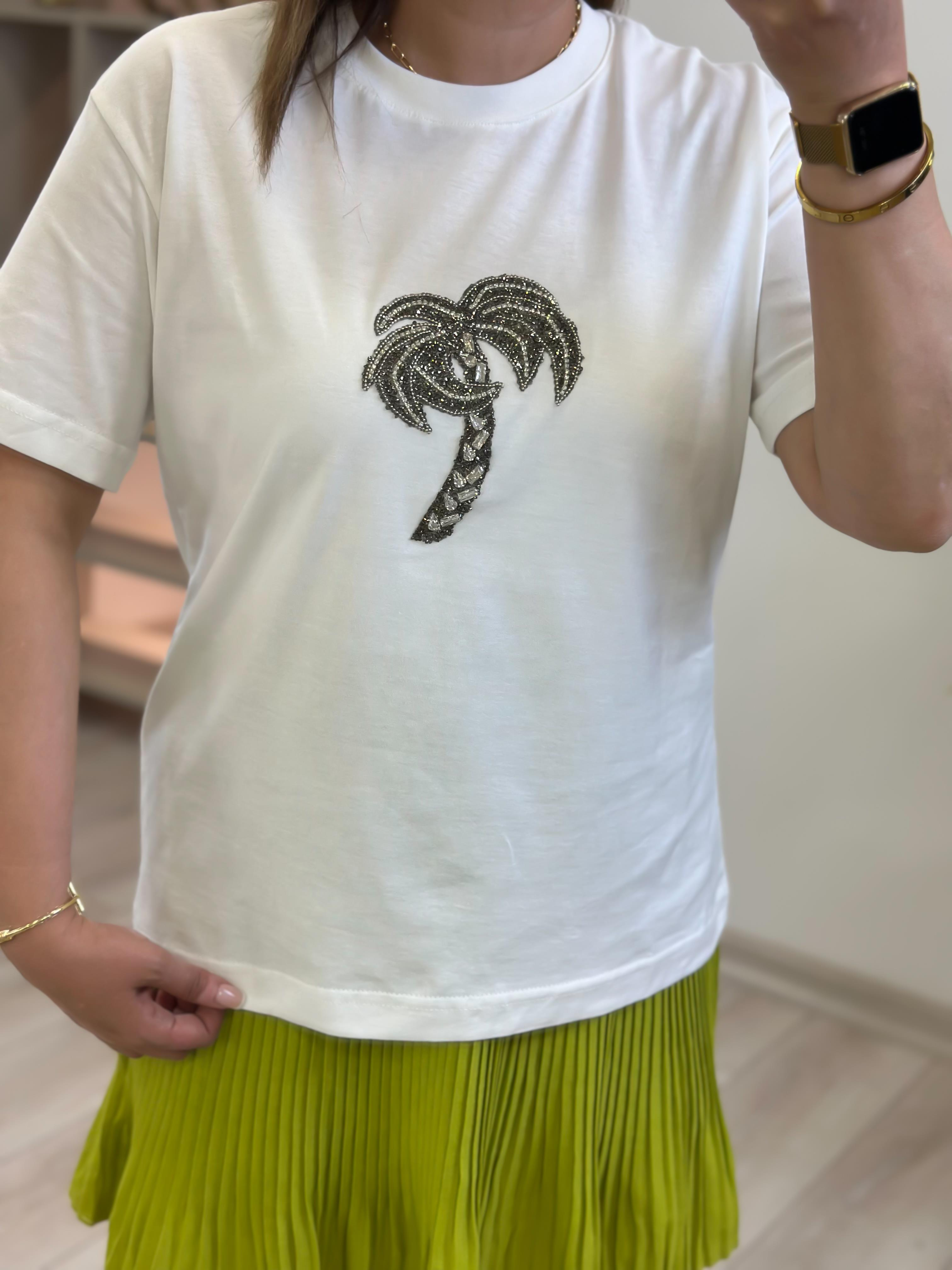 Taşlı Palmiye Tshirt BEYAZ-23YUST000259