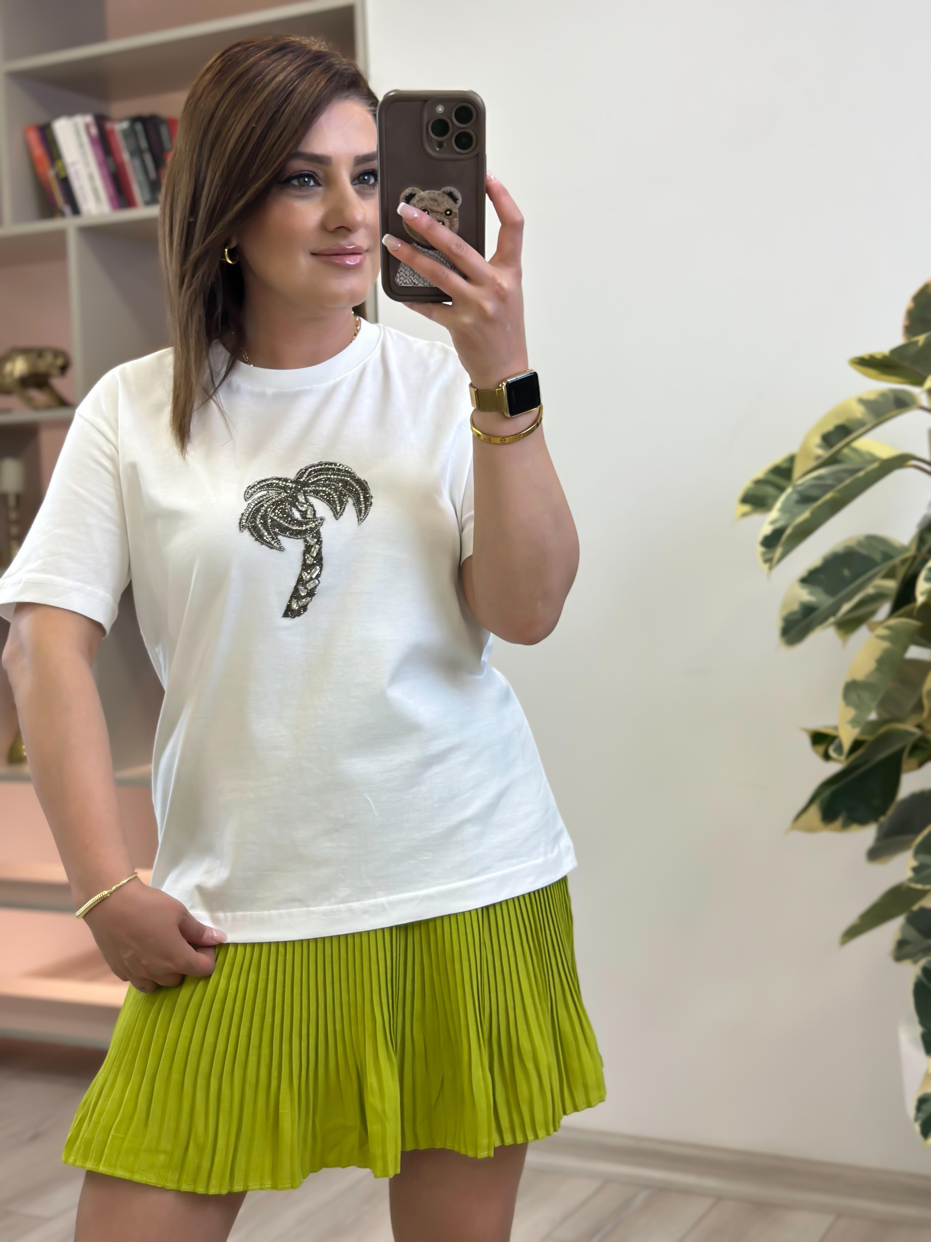 Taşlı Palmiye Tshirt BEYAZ-23YUST000259