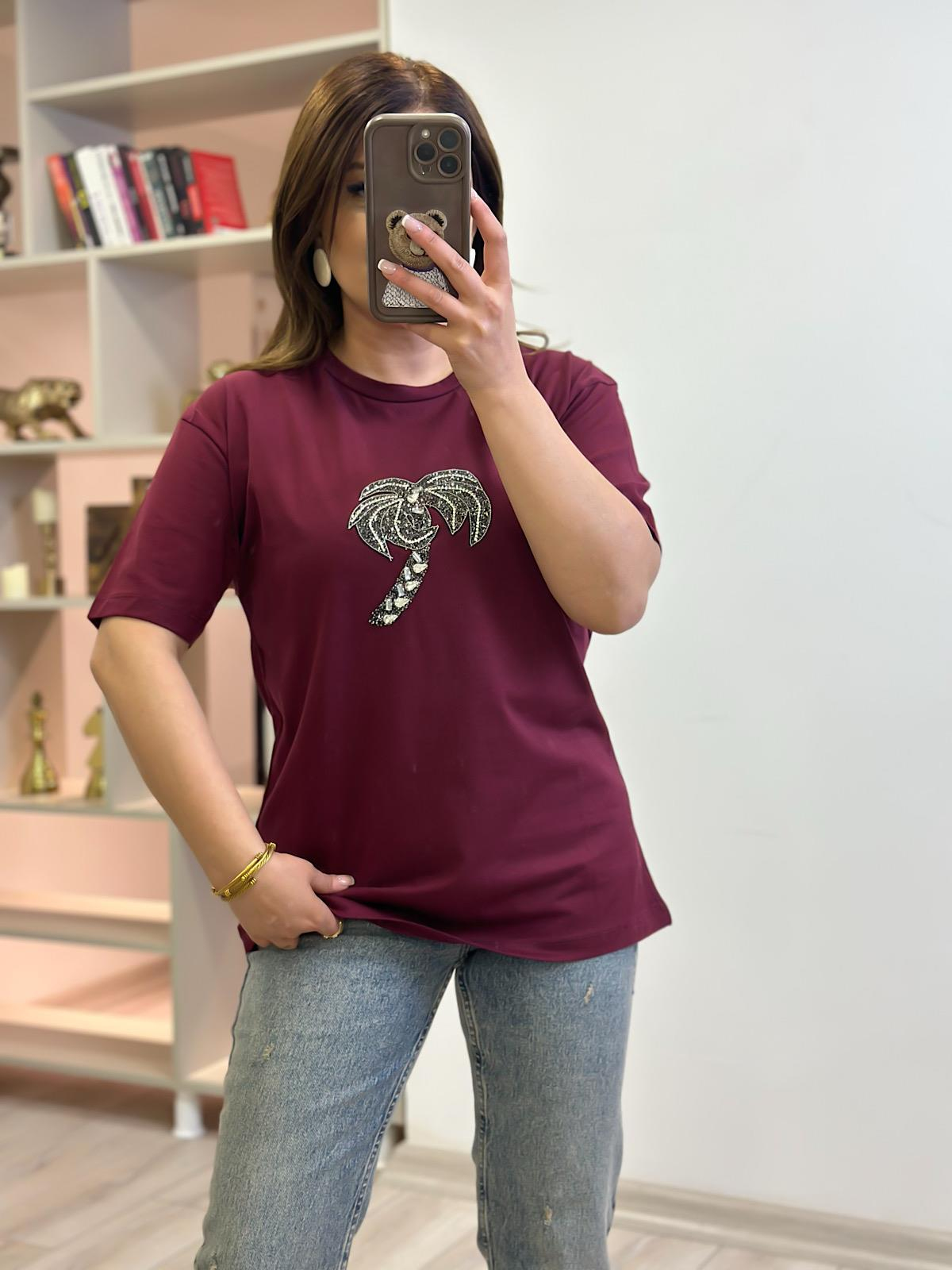 Taşlı Palmiye Tshirt BORDO-23YUST000259
