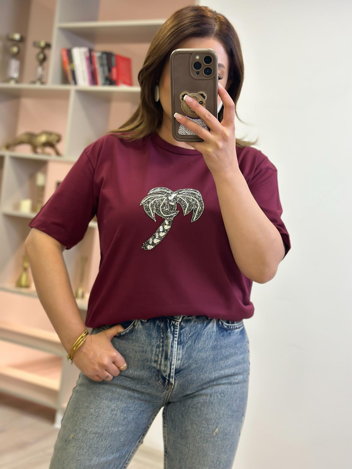 Taşlı Palmiye Tshirt BORDO-23YUST000259