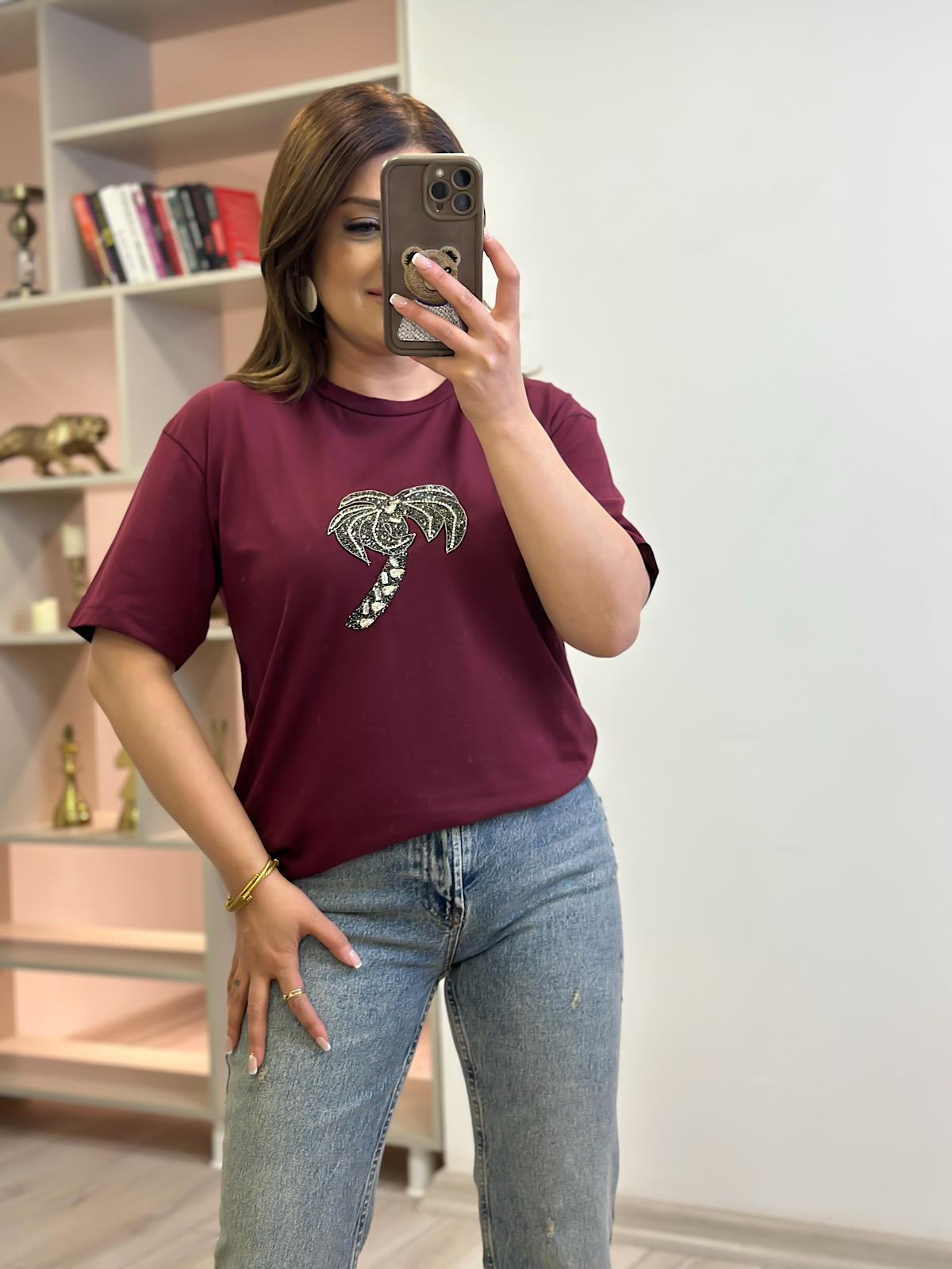 Taşlı Palmiye Tshirt BORDO-23YUST000259
