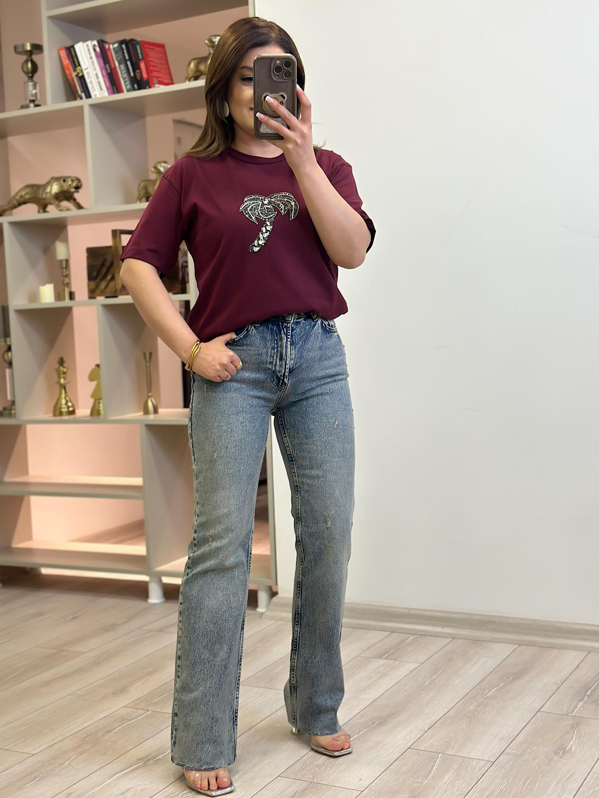 Taşlı Palmiye Tshirt BORDO-23YUST000259