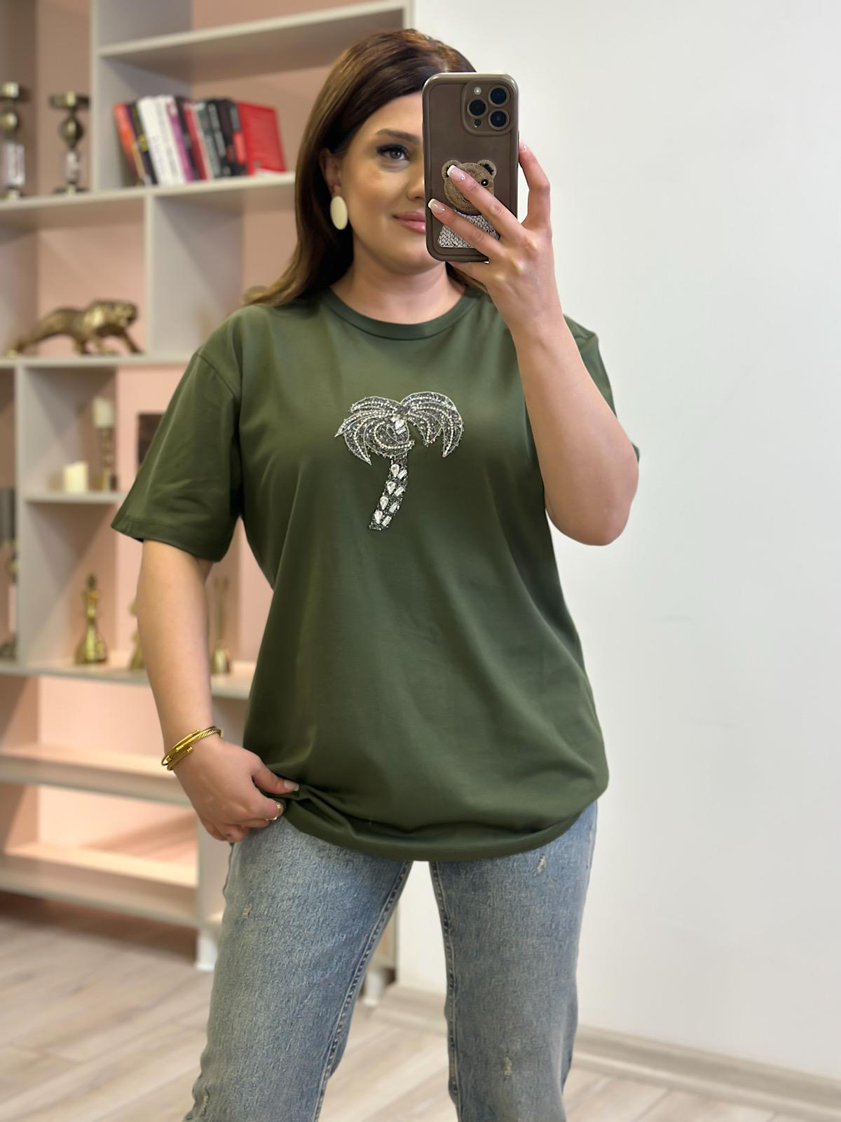 Taşlı Palmiye Tshirt HAKİ-23YUST000259