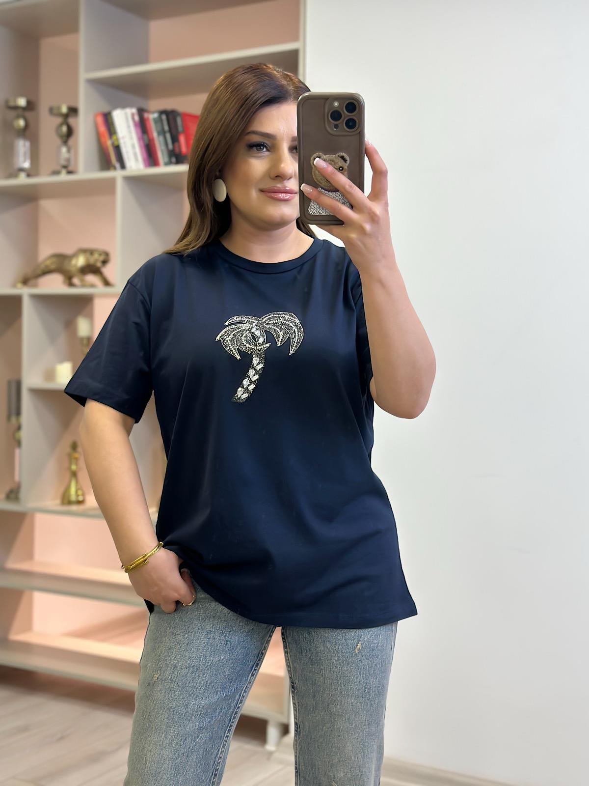 Taşlı Palmiye Tshirt LACİVERT-23YUST000259