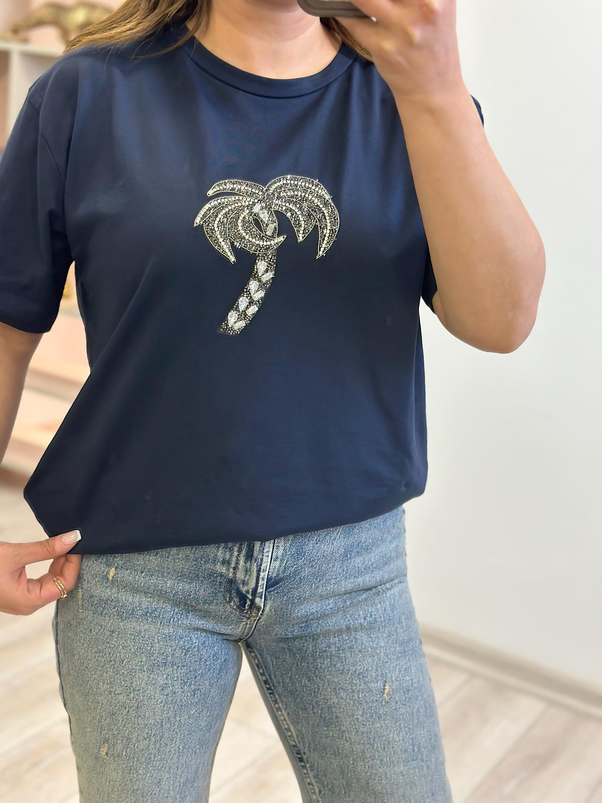 Taşlı Palmiye Tshirt LACİVERT-23YUST000259