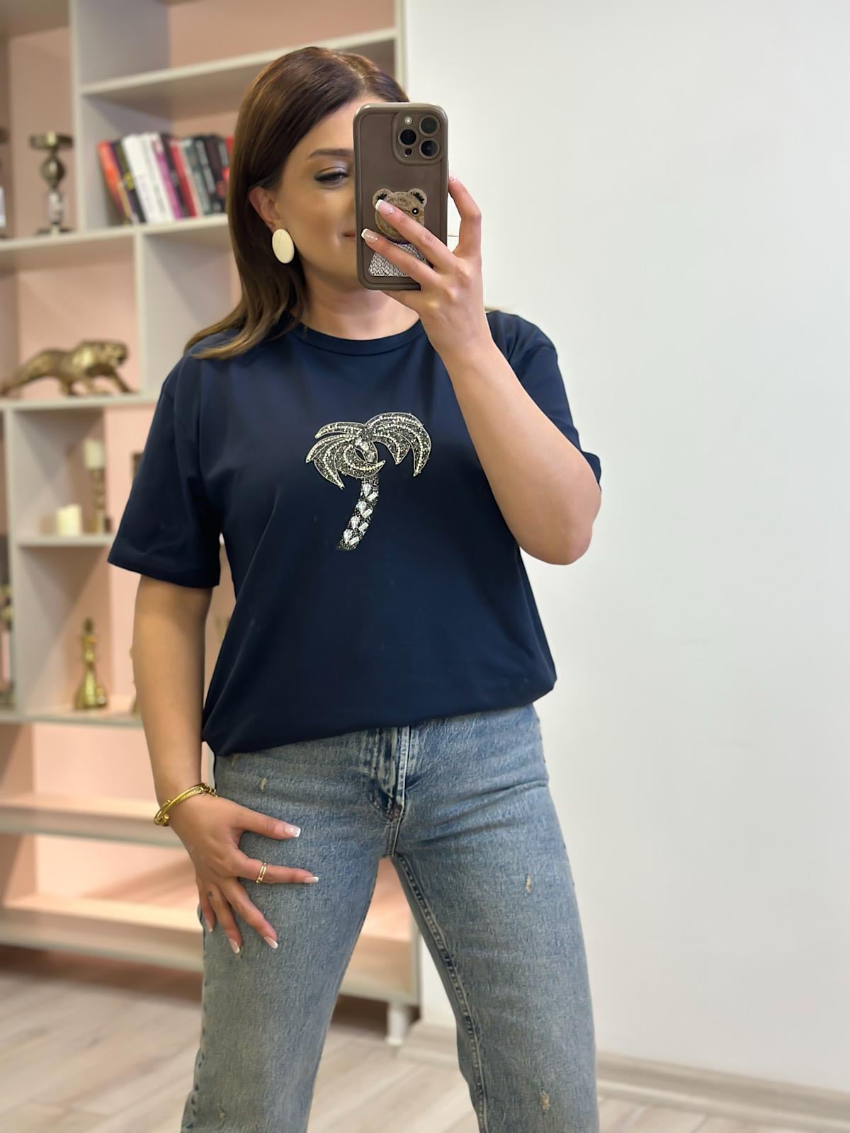 Taşlı Palmiye Tshirt LACİVERT-23YUST000259