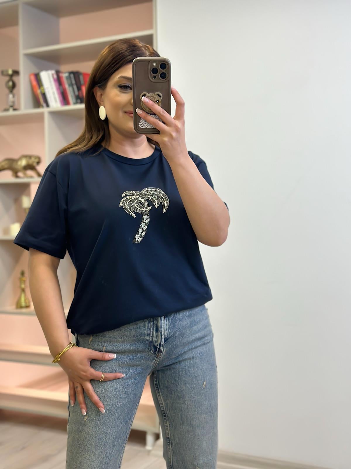 Taşlı Palmiye Tshirt LACİVERT-23YUST000259