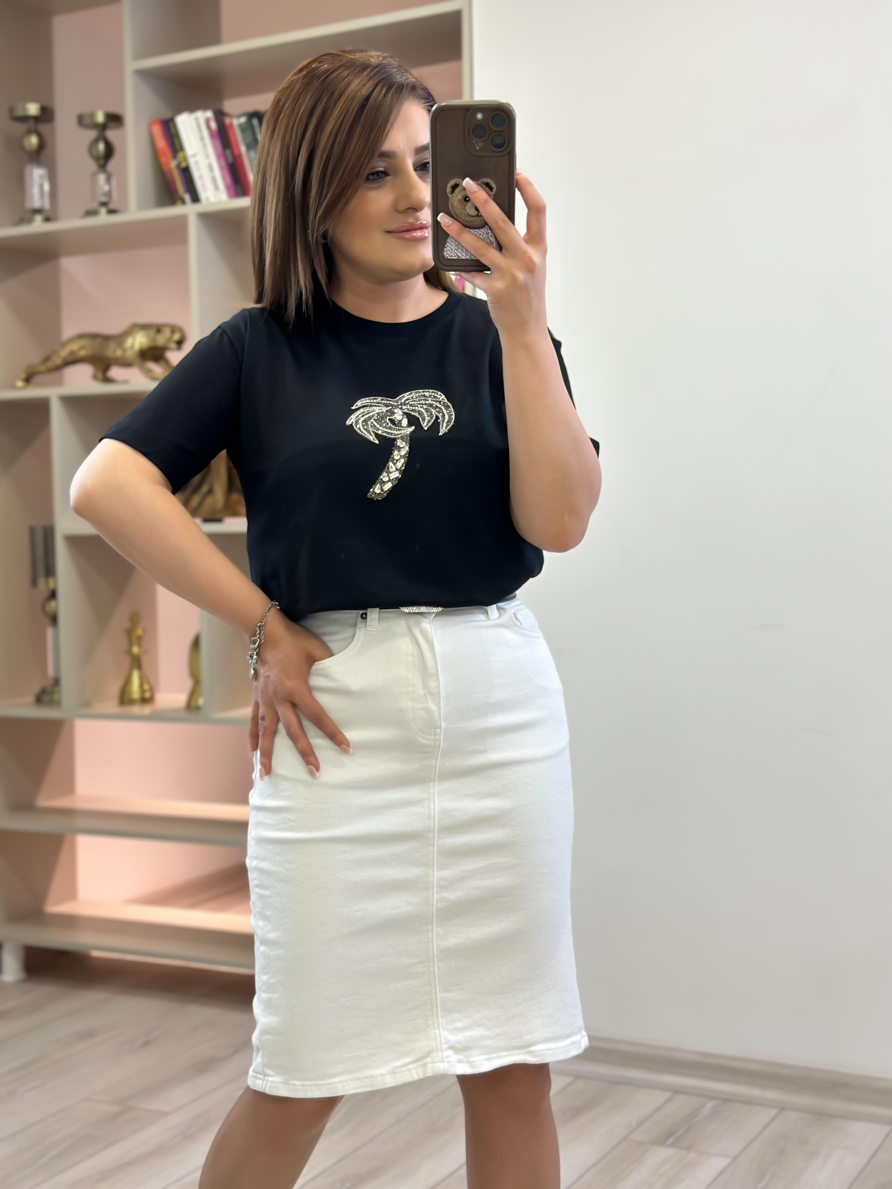 Taşlı Palmiye Tshirt SİYAH-23YUST000259