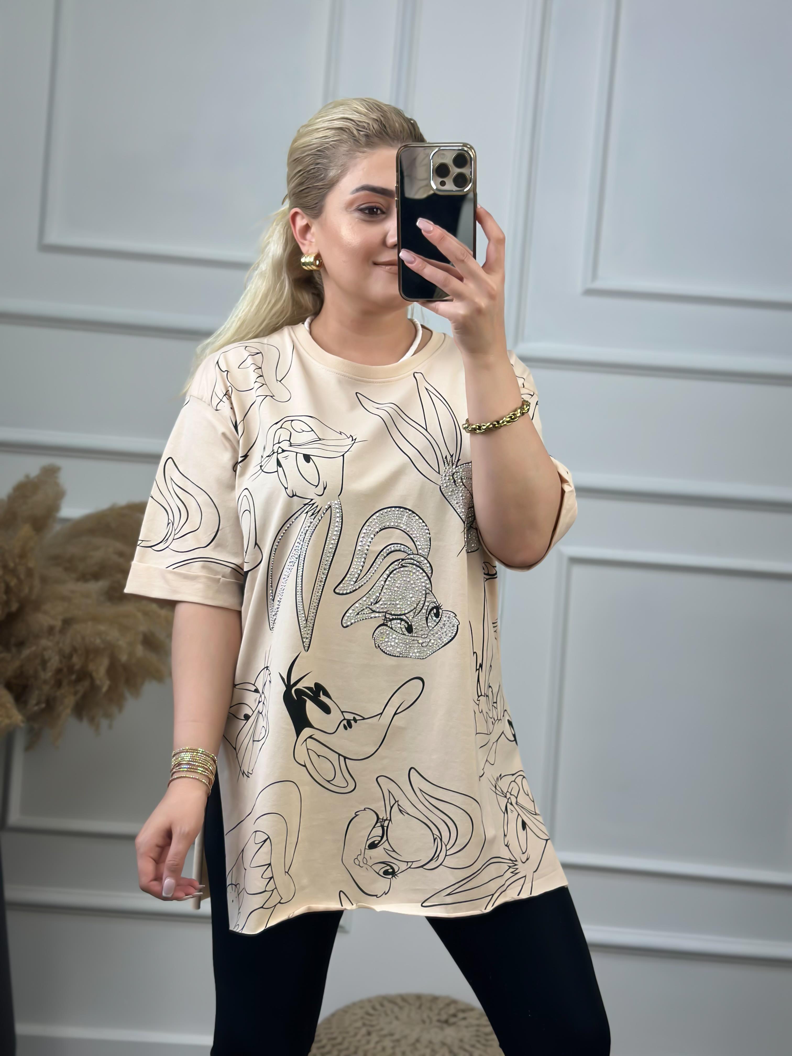 Tavşan Baskılı Taşlı Tshirt BEJ-23YUST000060