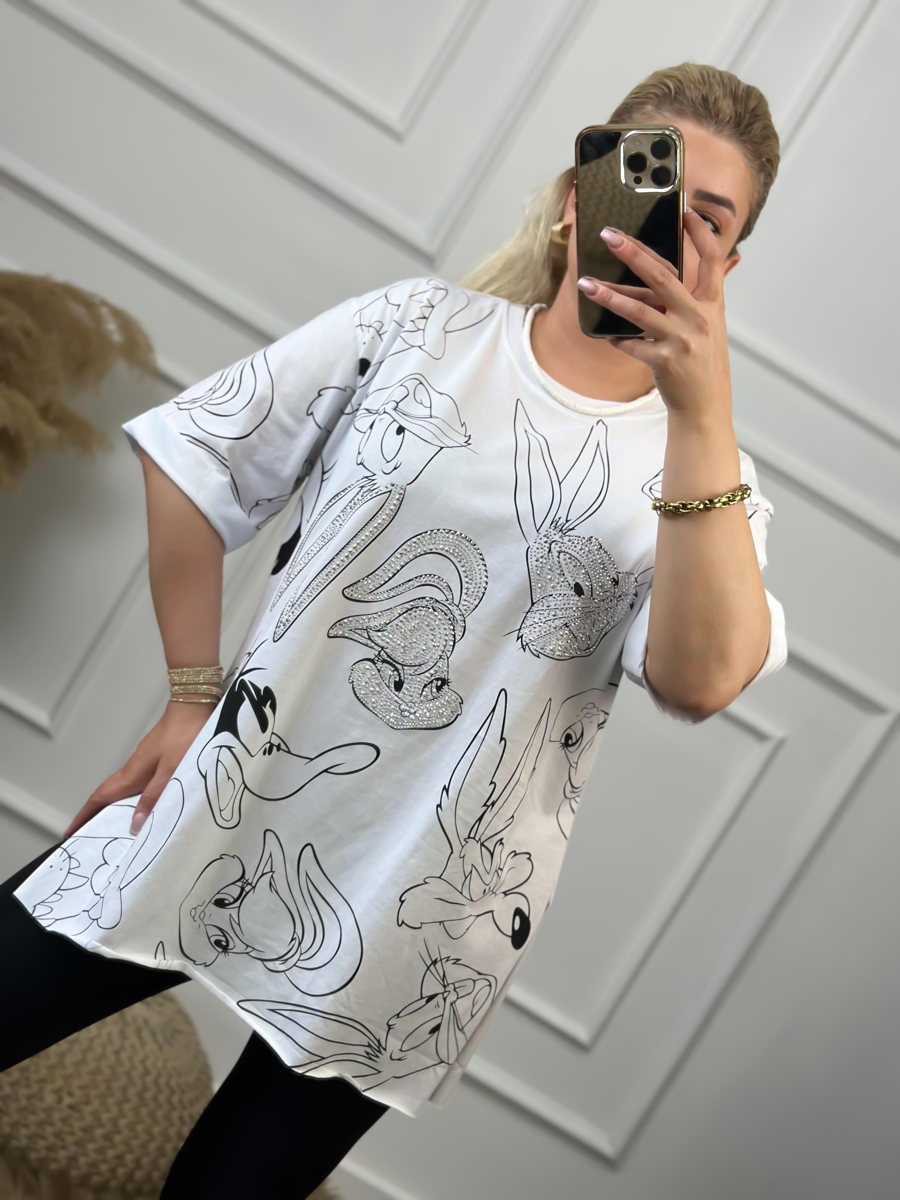 Tavşan Baskılı Taşlı Tshirt BEYAZ-23YUST000060