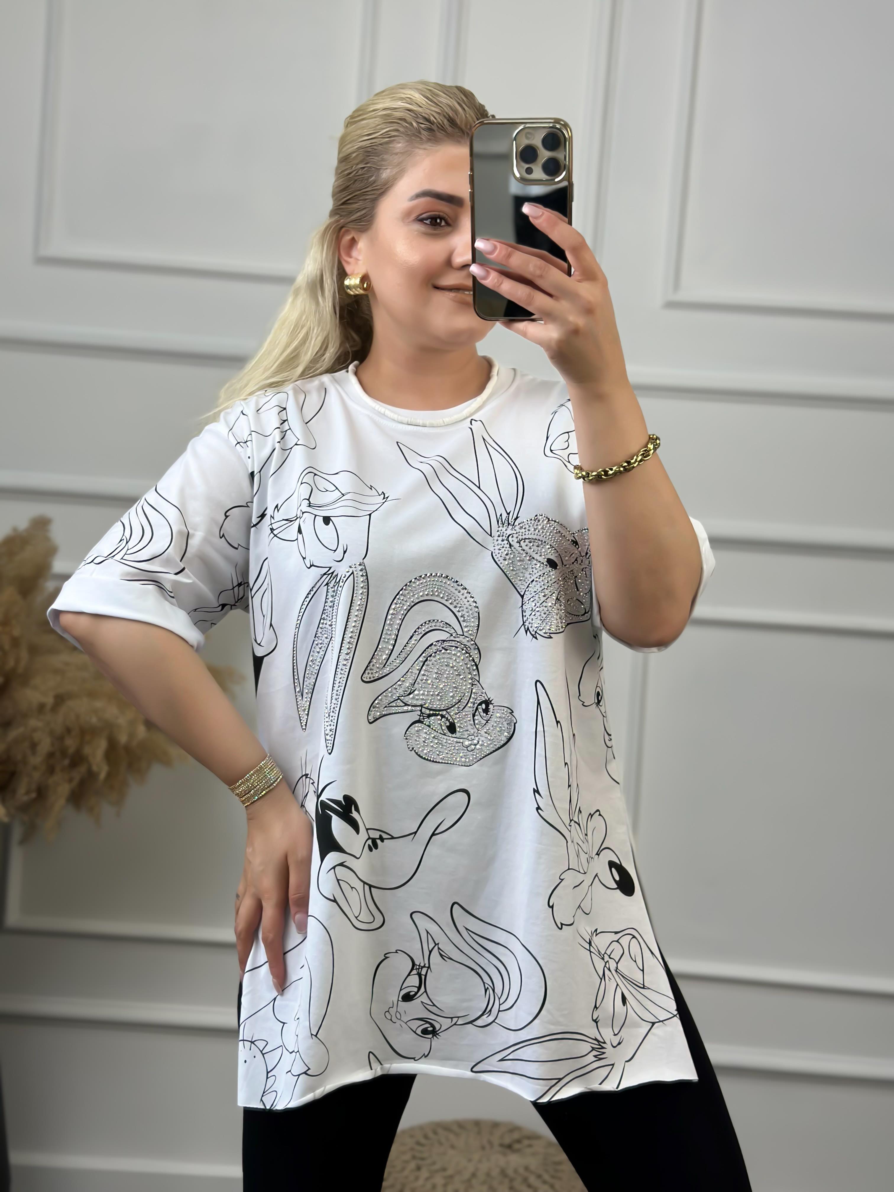 Tavşan Baskılı Taşlı Tshirt BEYAZ-23YUST000060