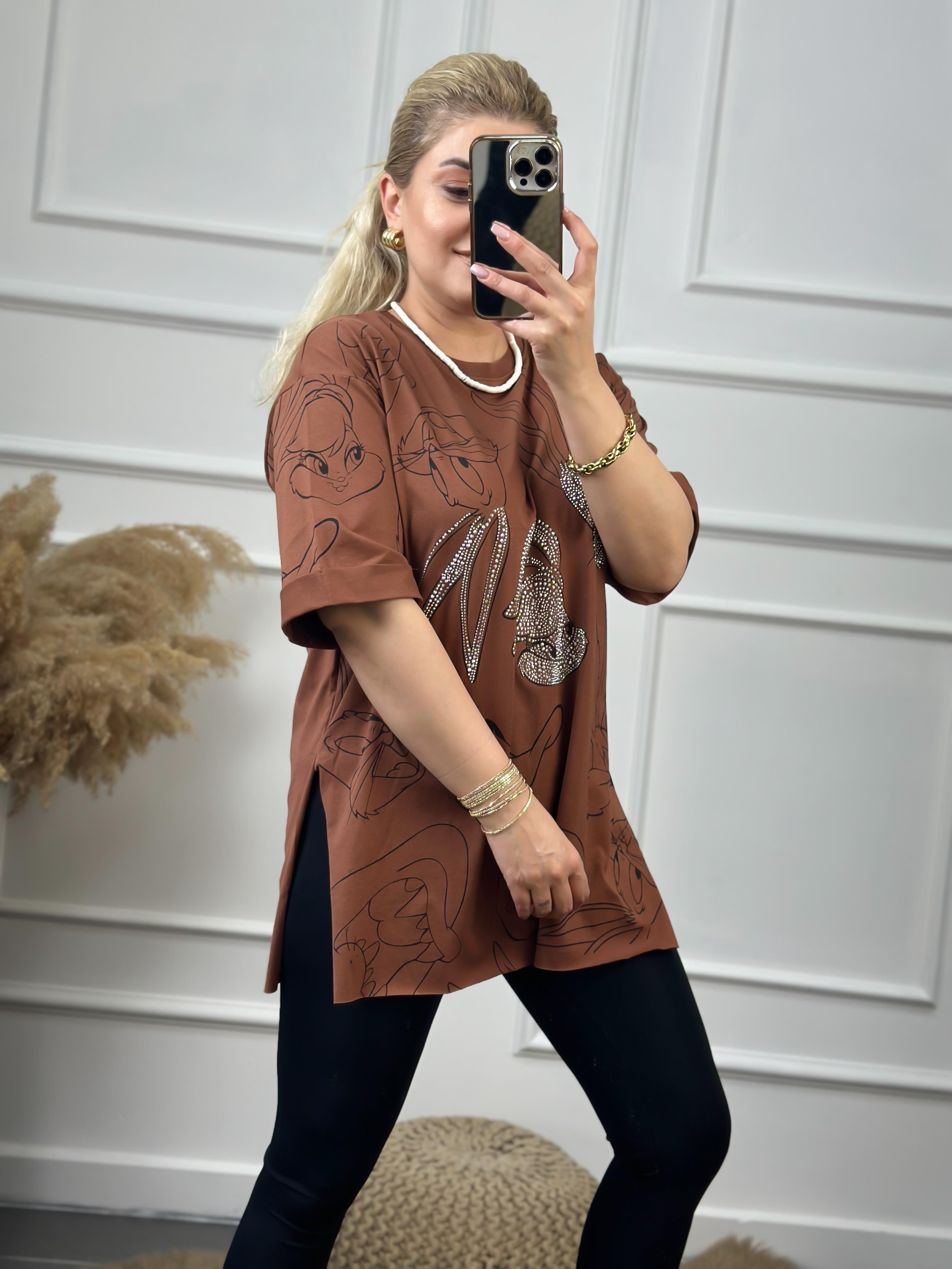 Tavşan Baskılı Taşlı Tshirt KAHVE-23YUST000060