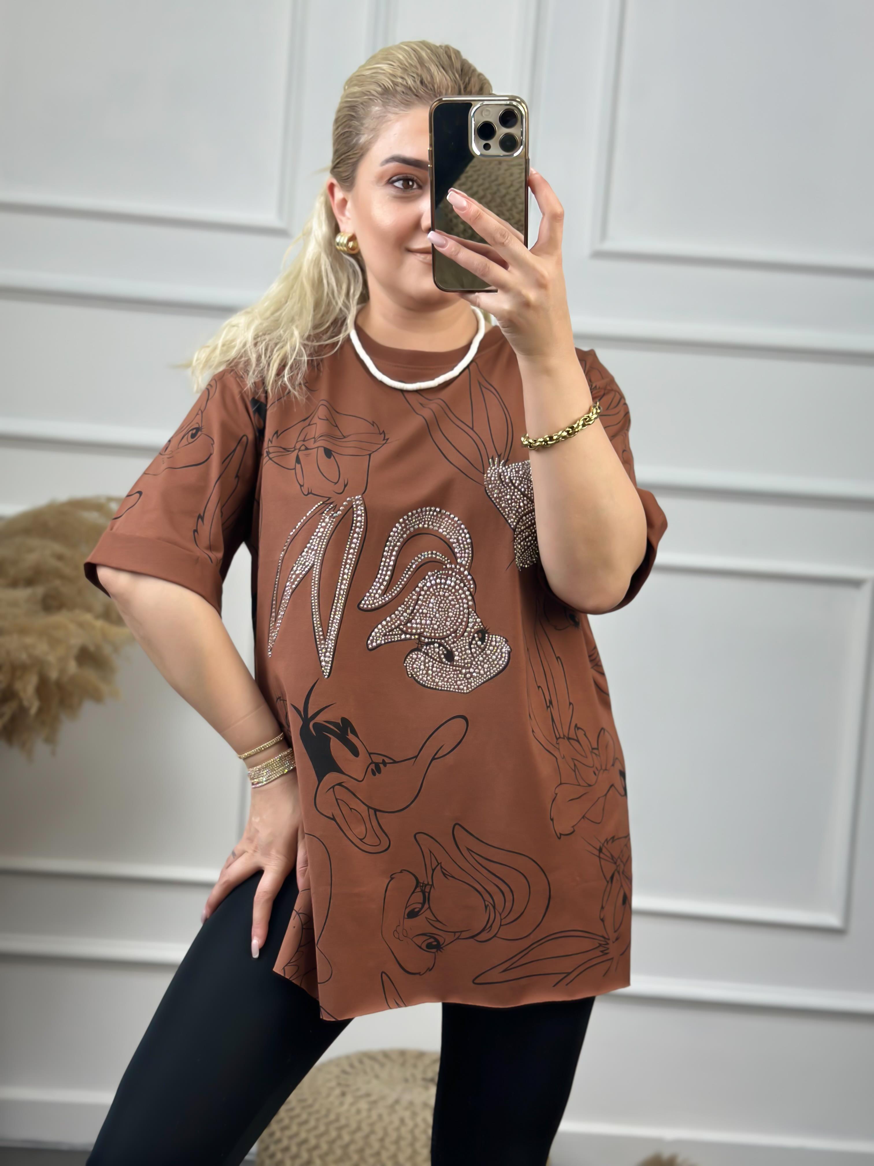 Tavşan Baskılı Taşlı Tshirt KAHVE-23YUST000060