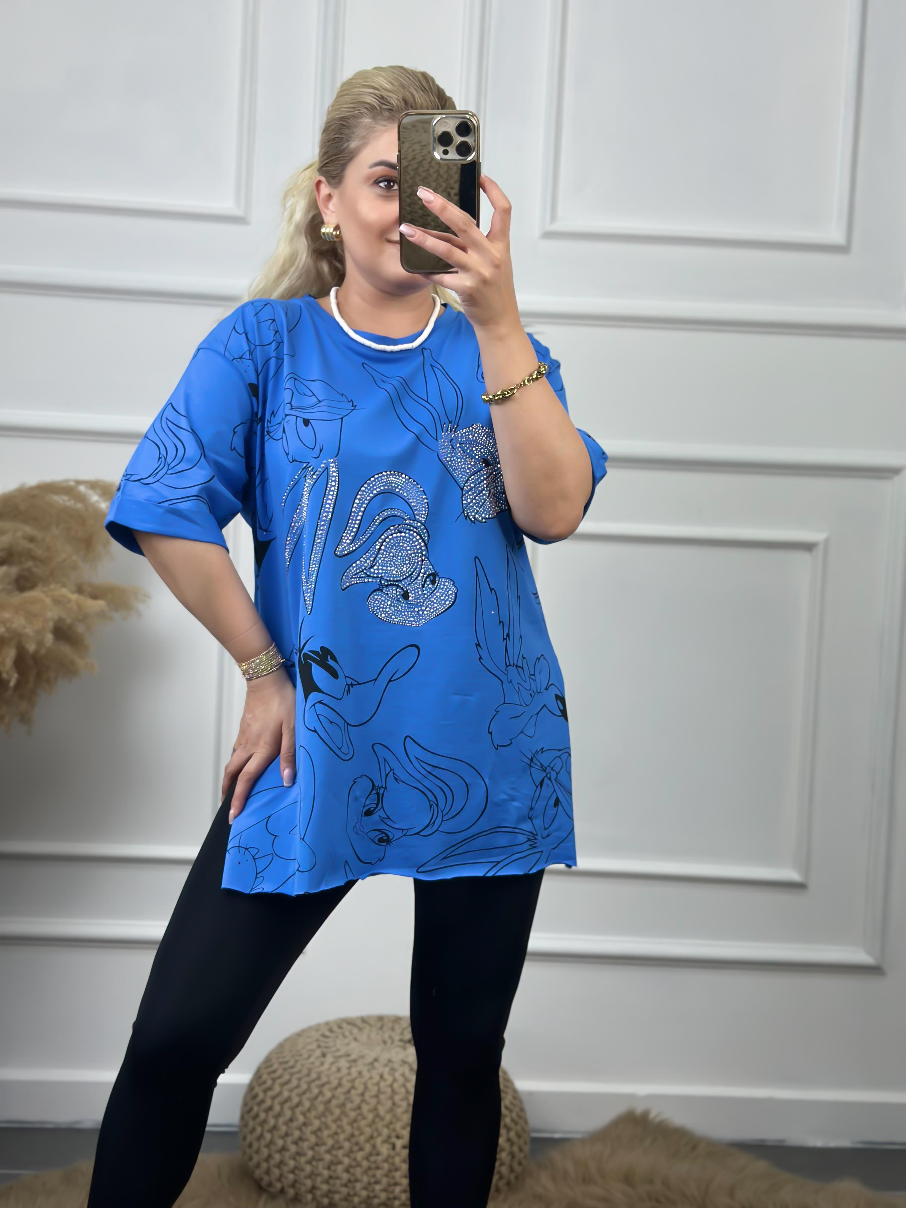 Tavşan Baskılı Taşlı Tshirt MAVİ-23YUST000060