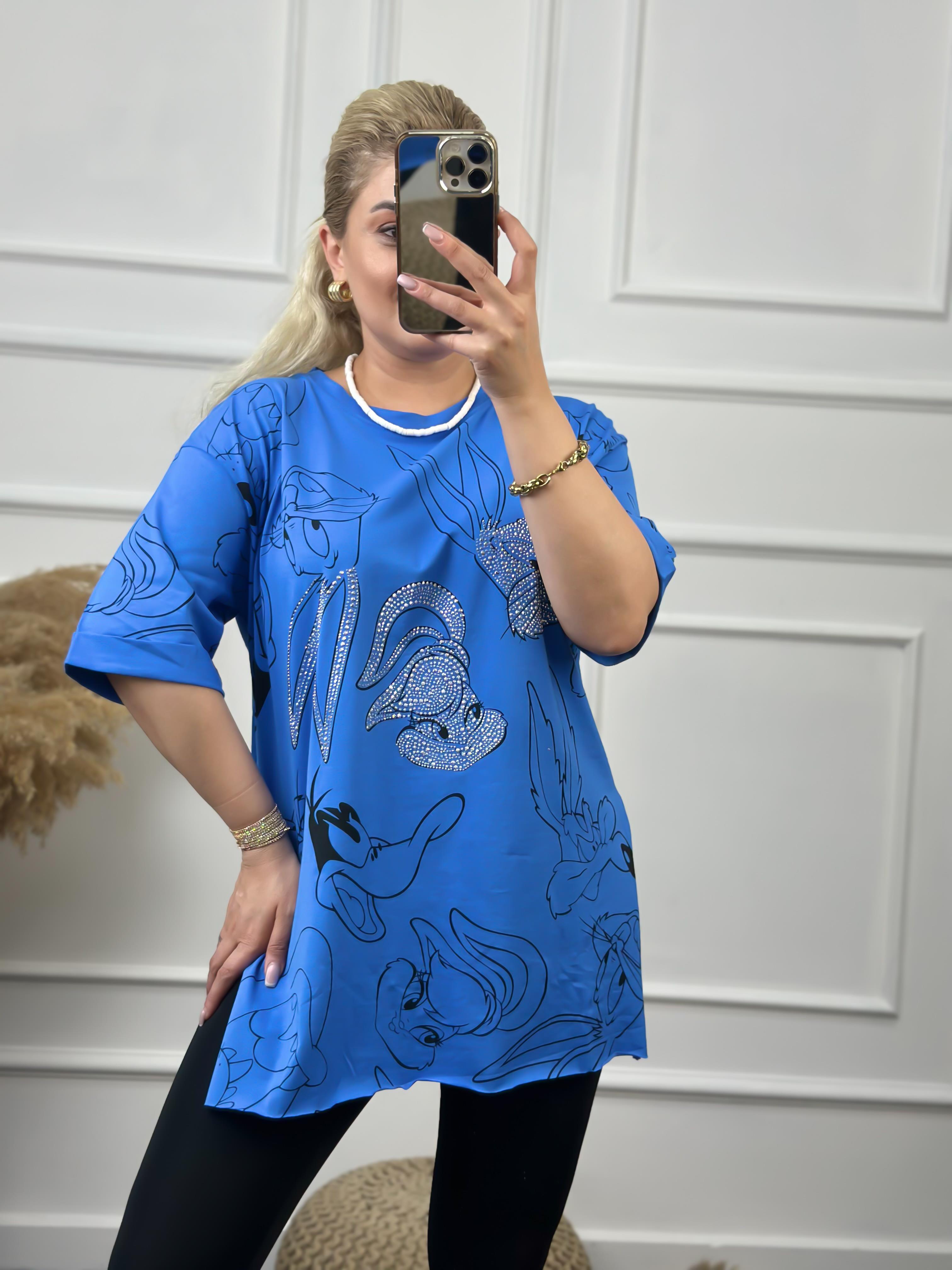 Tavşan Baskılı Taşlı Tshirt MAVİ-23YUST000060