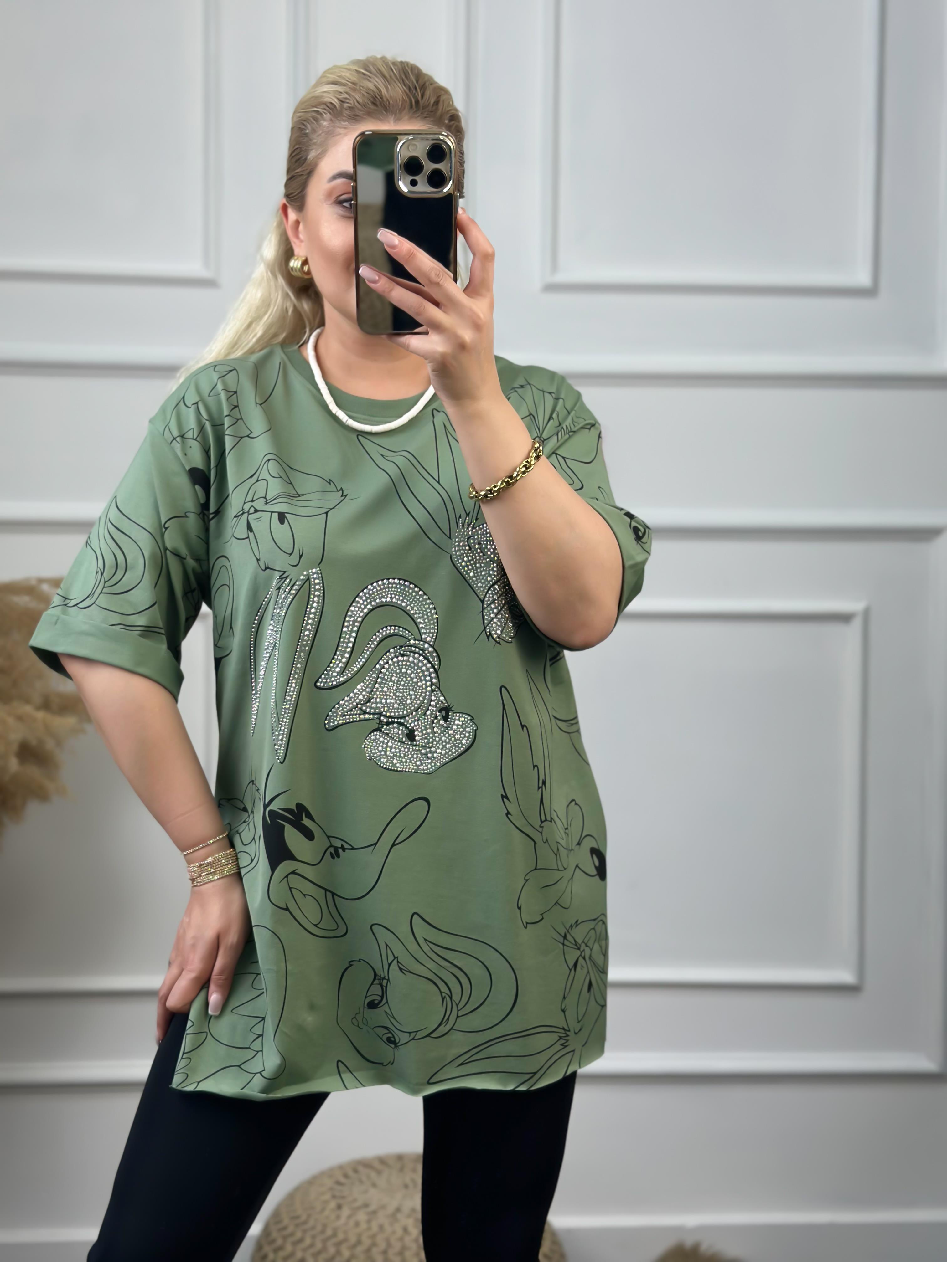 Tavşan Baskılı Taşlı Tshirt YEŞİL-23YUST000060