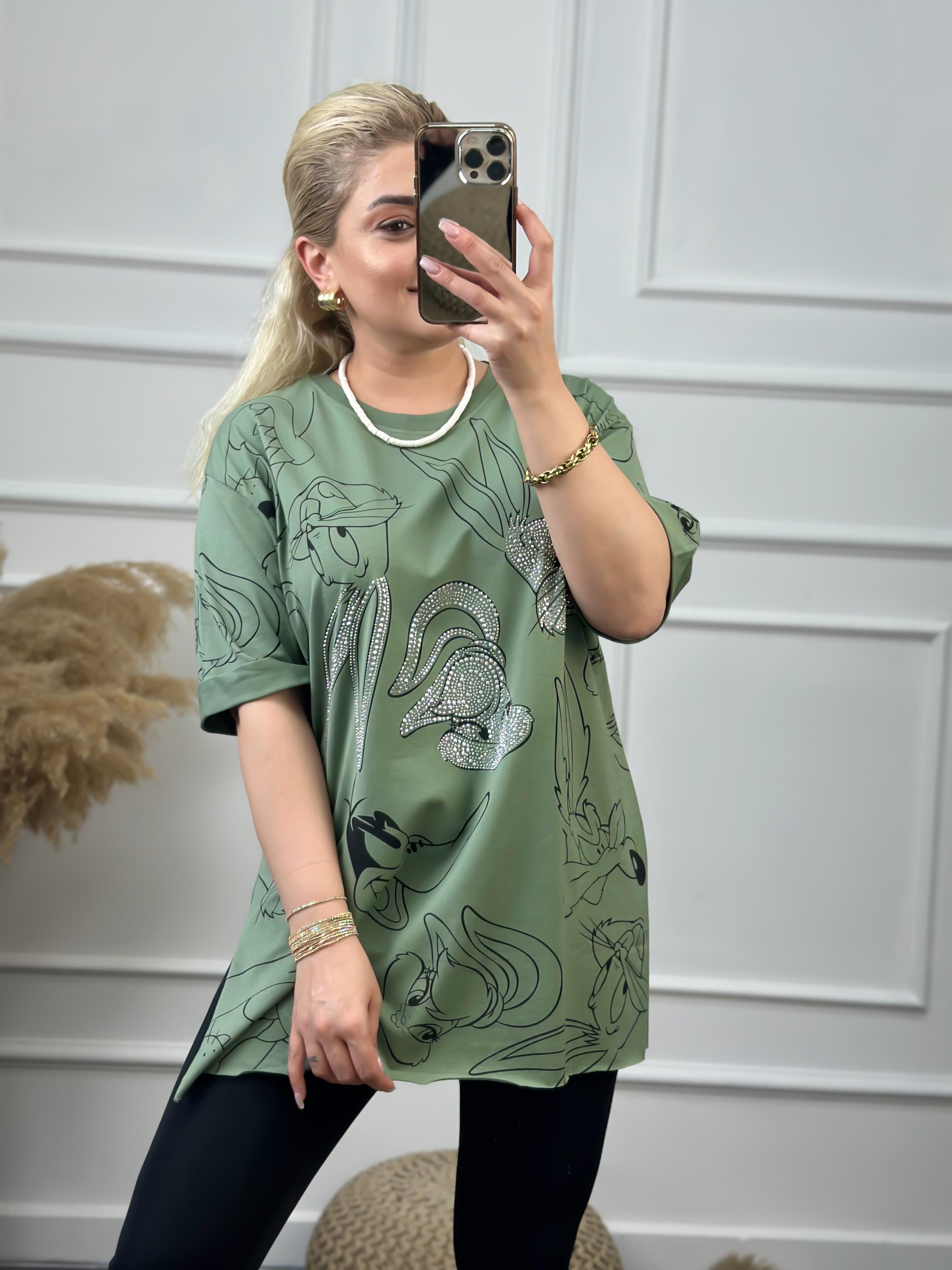 Tavşan Baskılı Taşlı Tshirt YEŞİL-23YUST000060