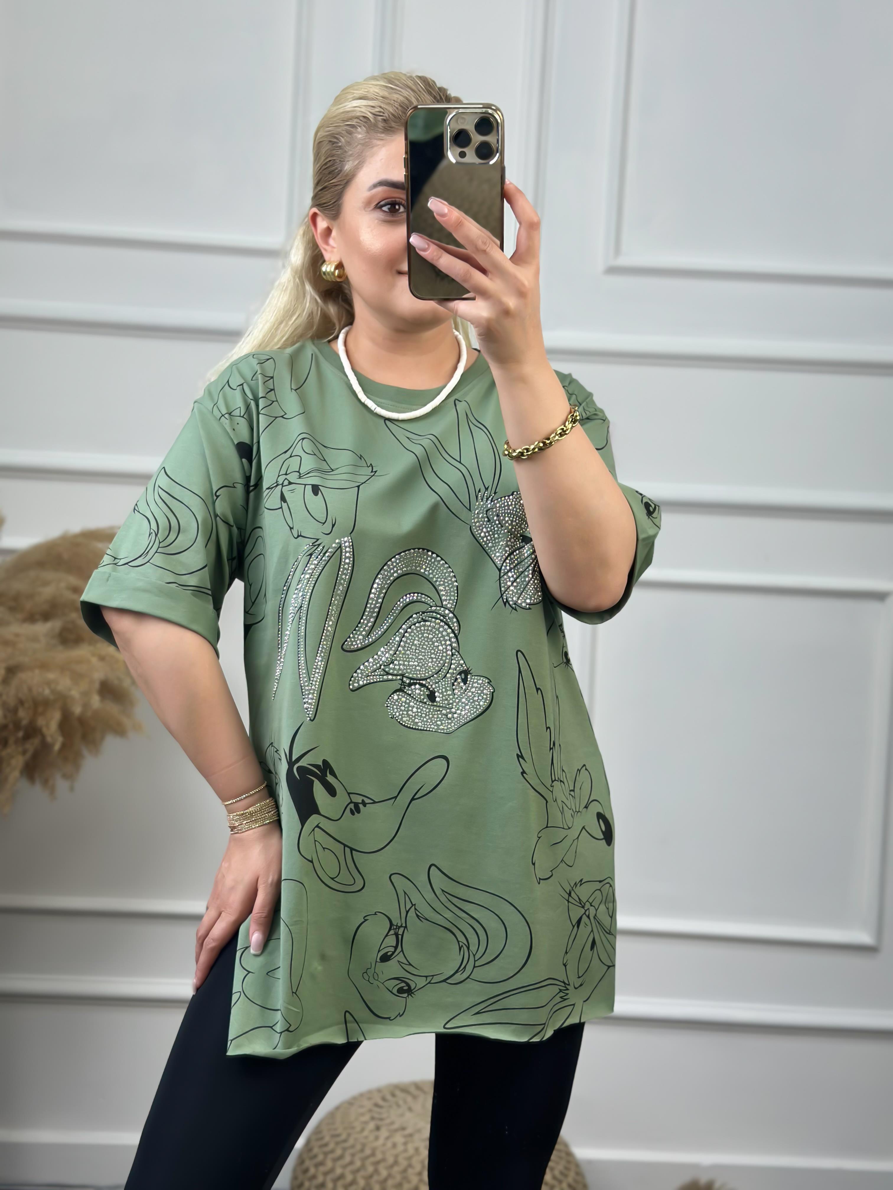 Tavşan Baskılı Taşlı Tshirt YEŞİL-23YUST000060