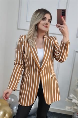 Tek Düğmeli Beyaz Çizgili Blazer Ceket CAMEL-23MeUST00035