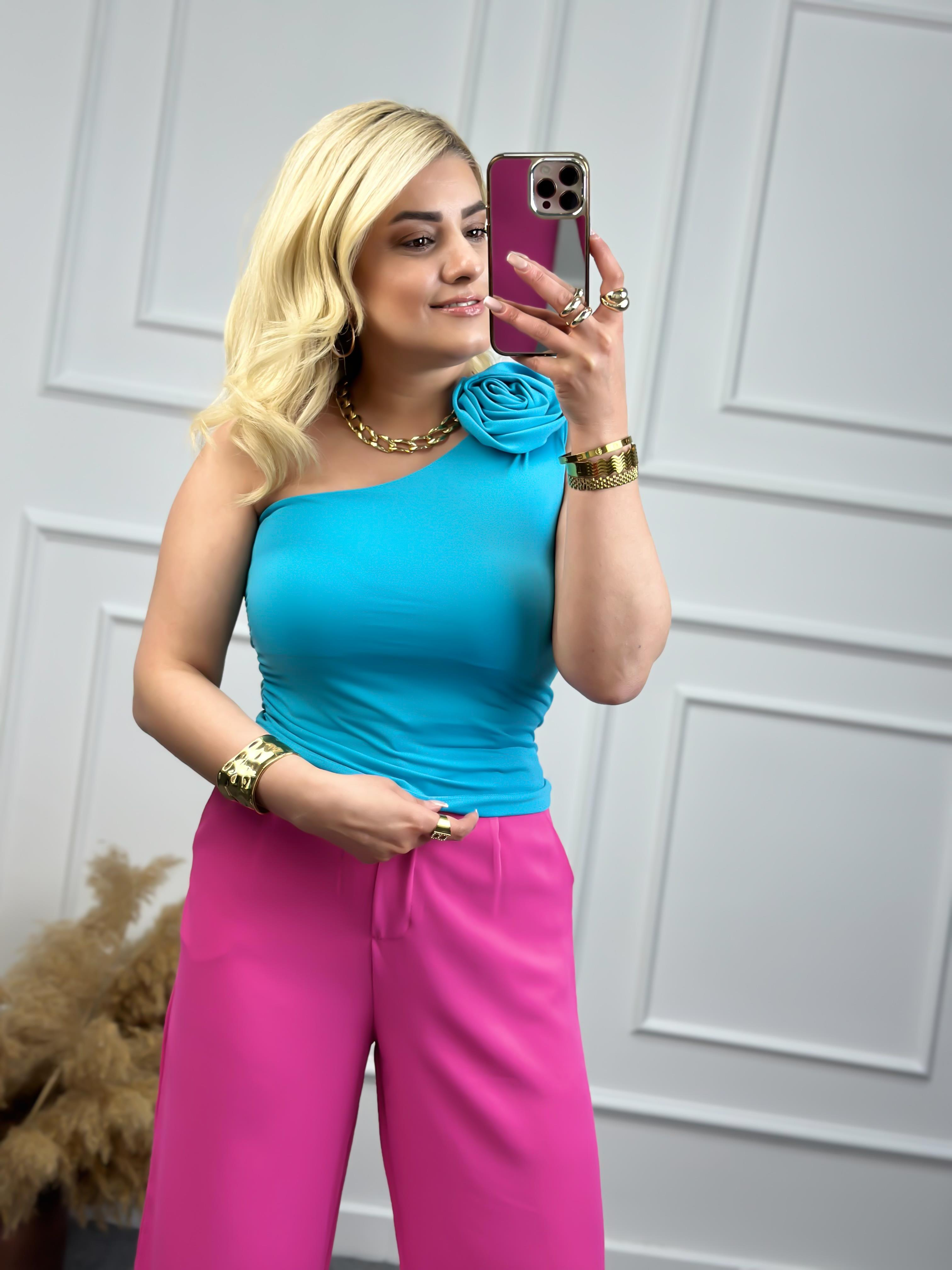 Tek Omuz Güllü Likralı Drapeli Tasarım Bluz BEBE MAVİ-23YUST000076