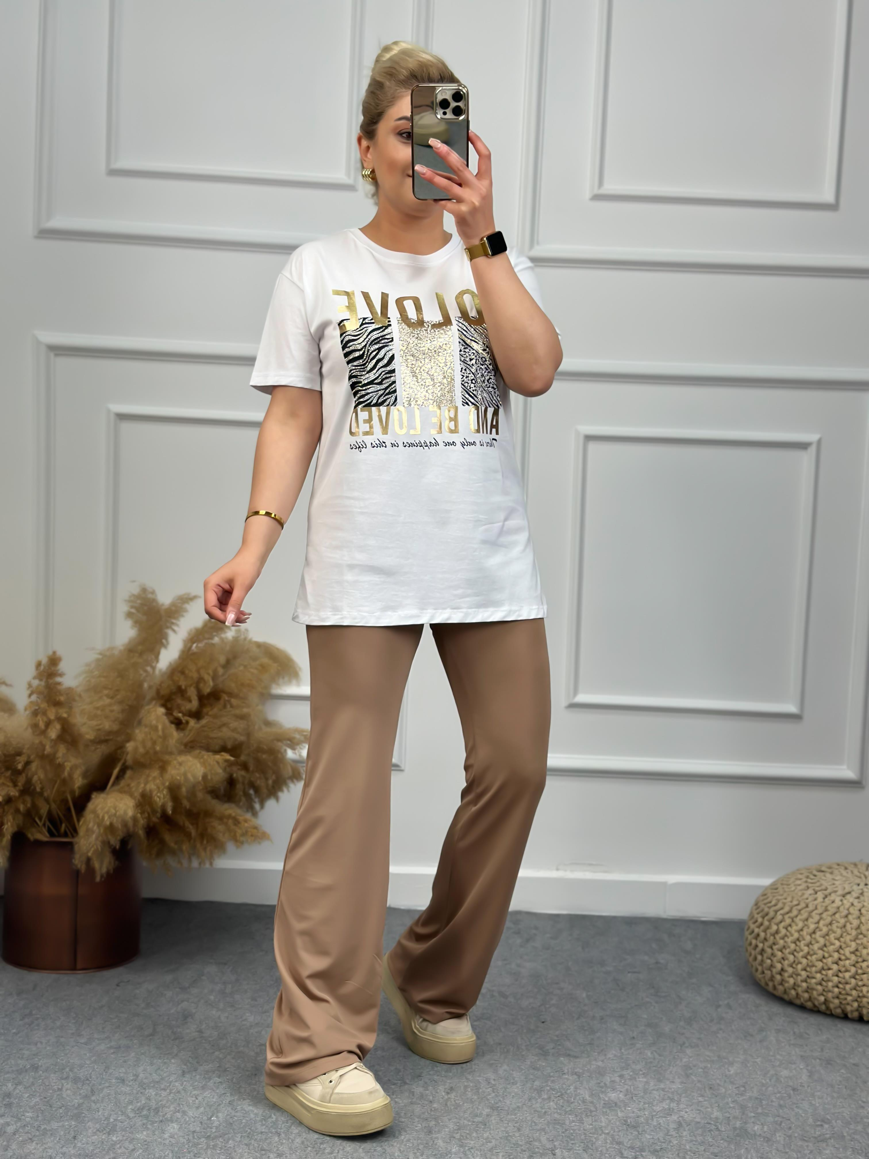 To Love Baskılı Taşlı Tshirt BEYAZ-23YUST000071
