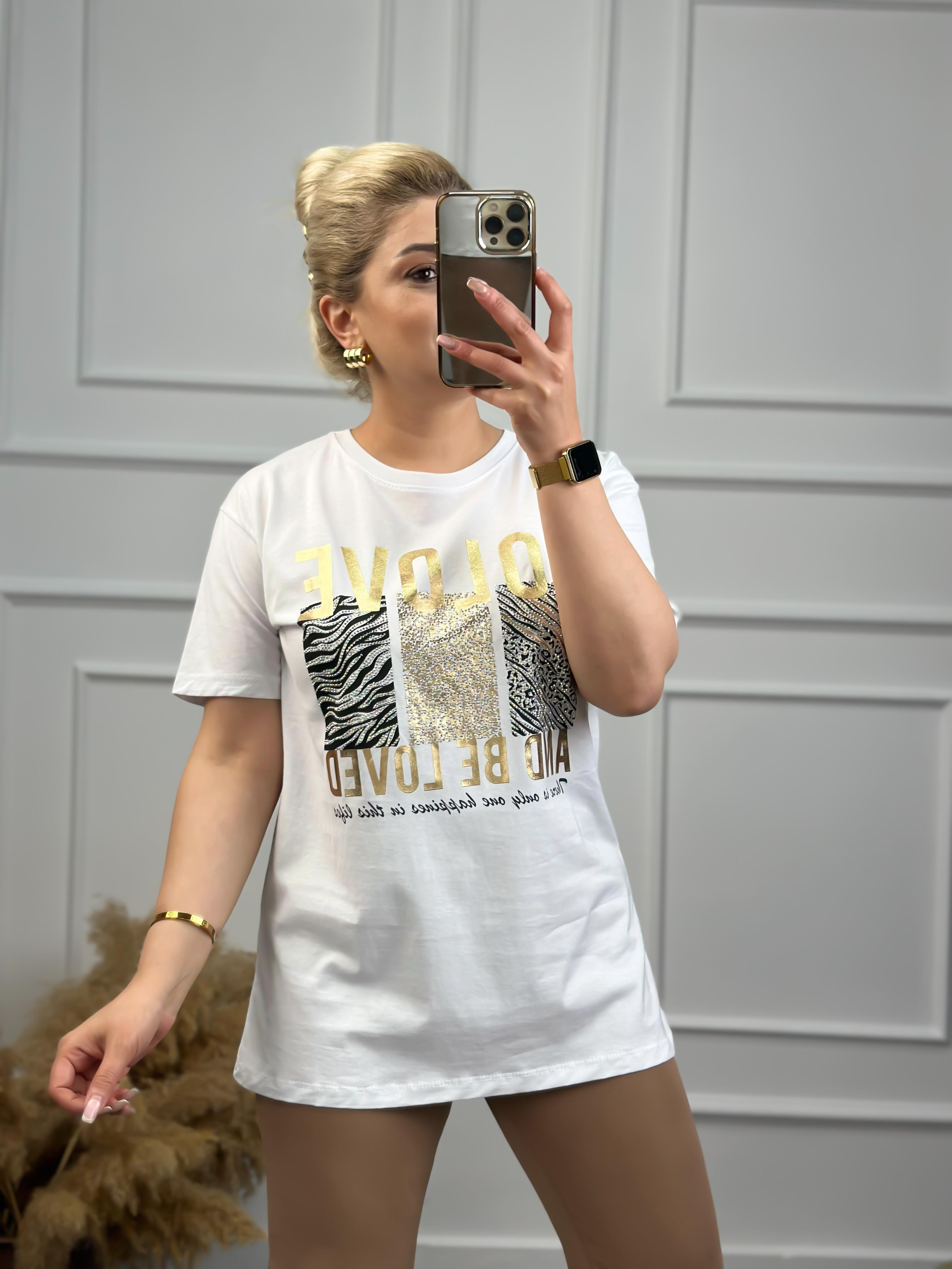 To Love Baskılı Taşlı Tshirt BEYAZ-23YUST000071