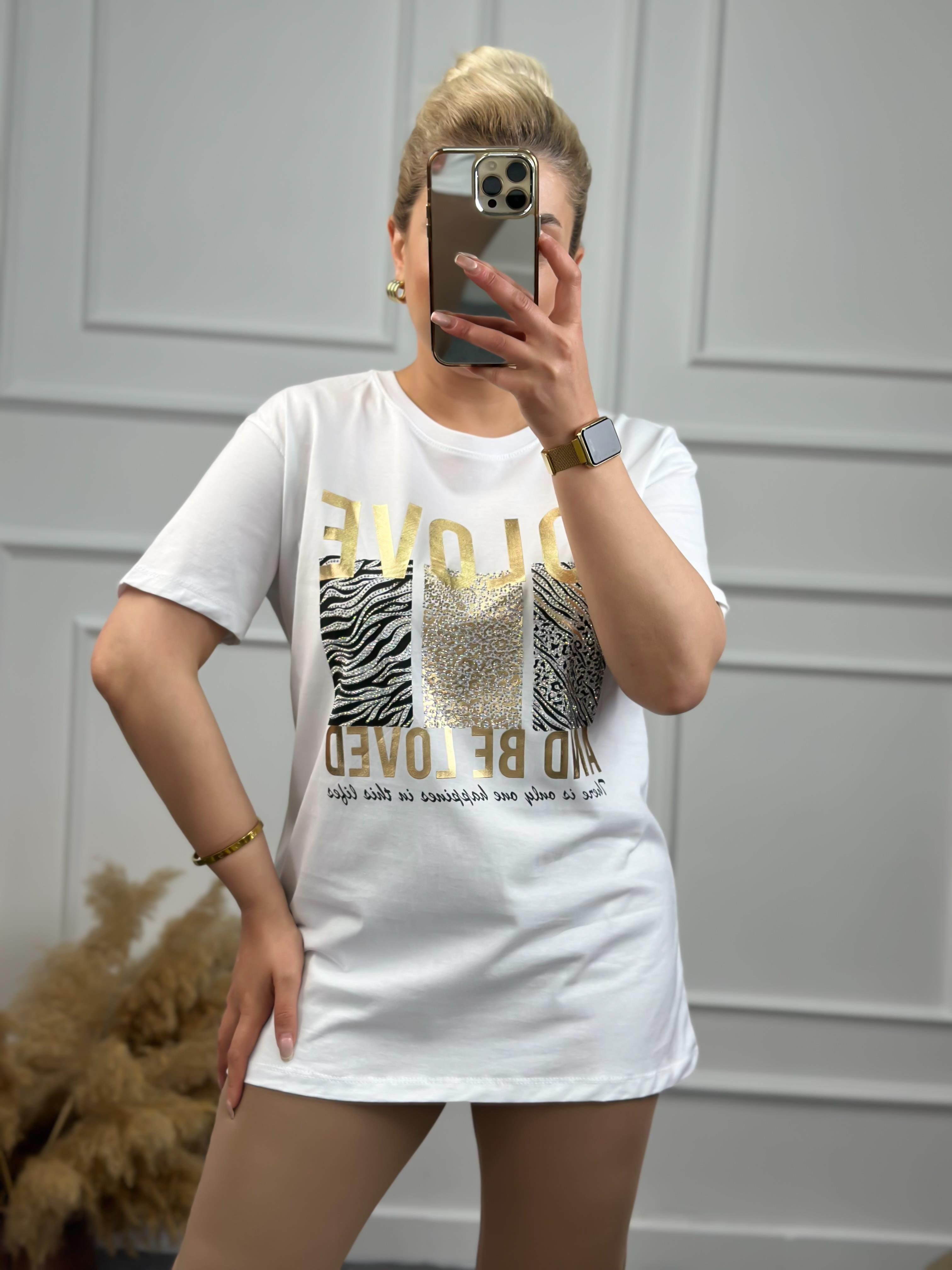 To Love Baskılı Taşlı Tshirt BEYAZ-23YUST000071