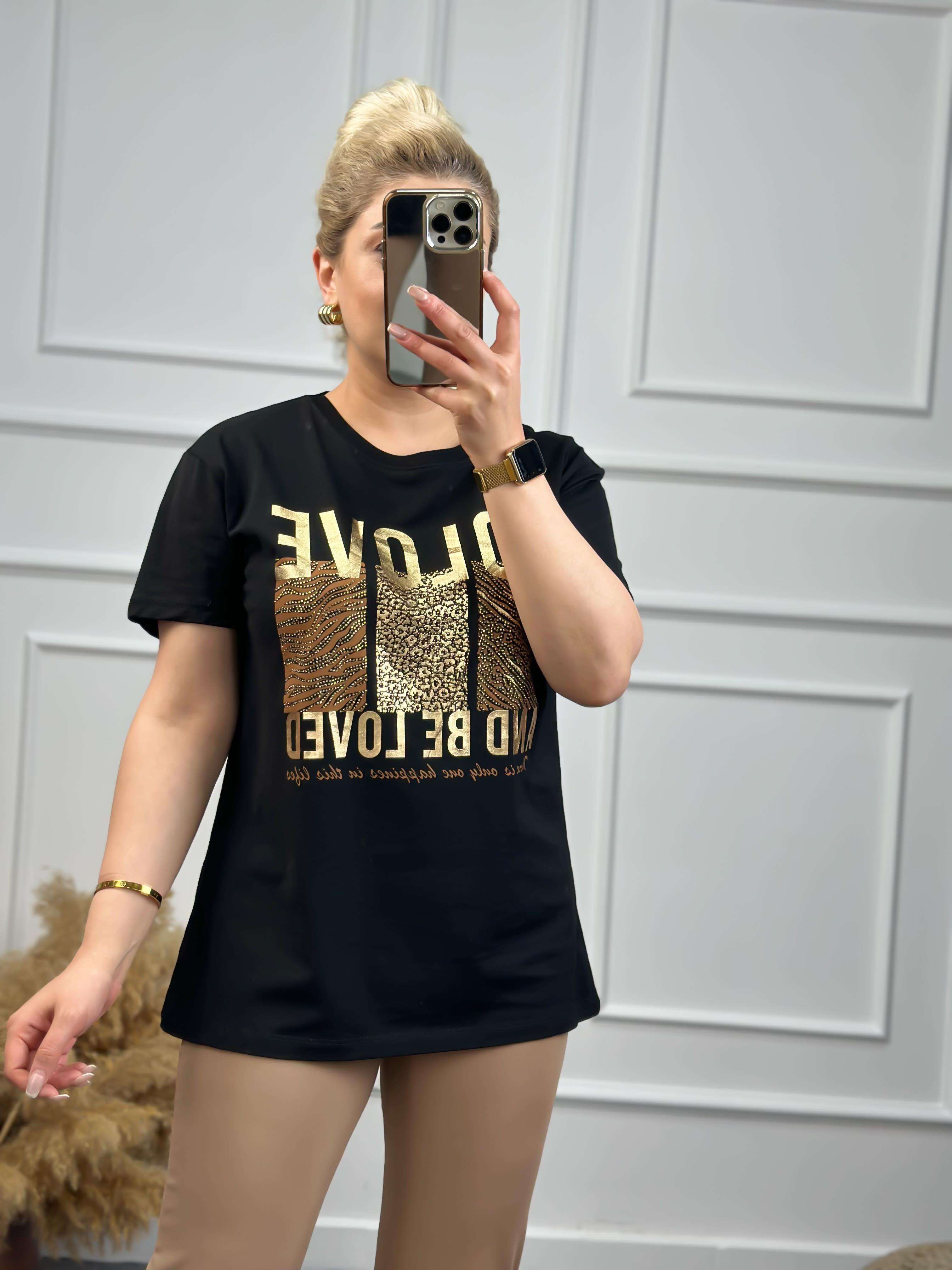 To Love Baskılı Taşlı Tshirt SİYAH-23YUST000071
