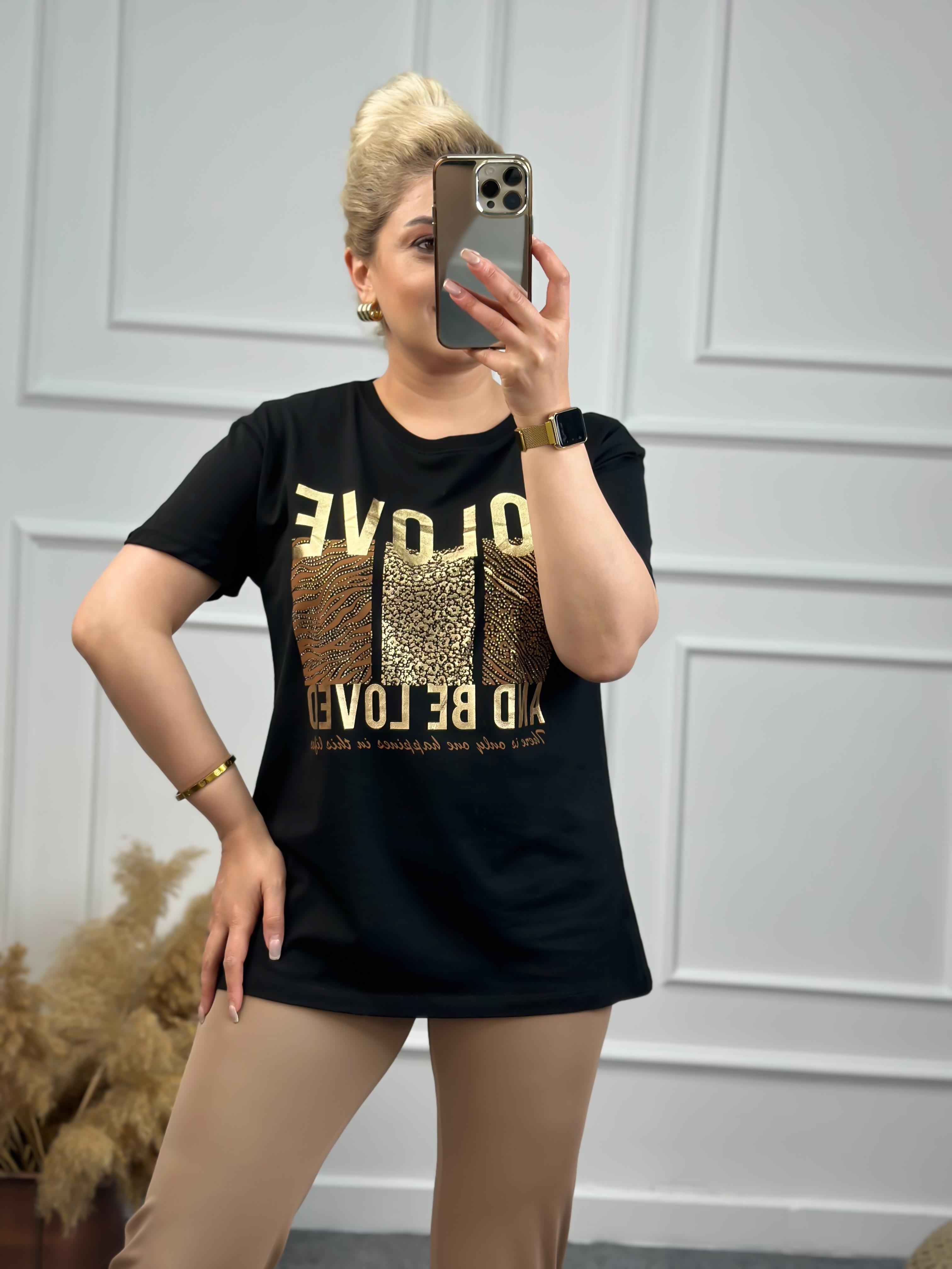 To Love Baskılı Taşlı Tshirt SİYAH-23YUST000071