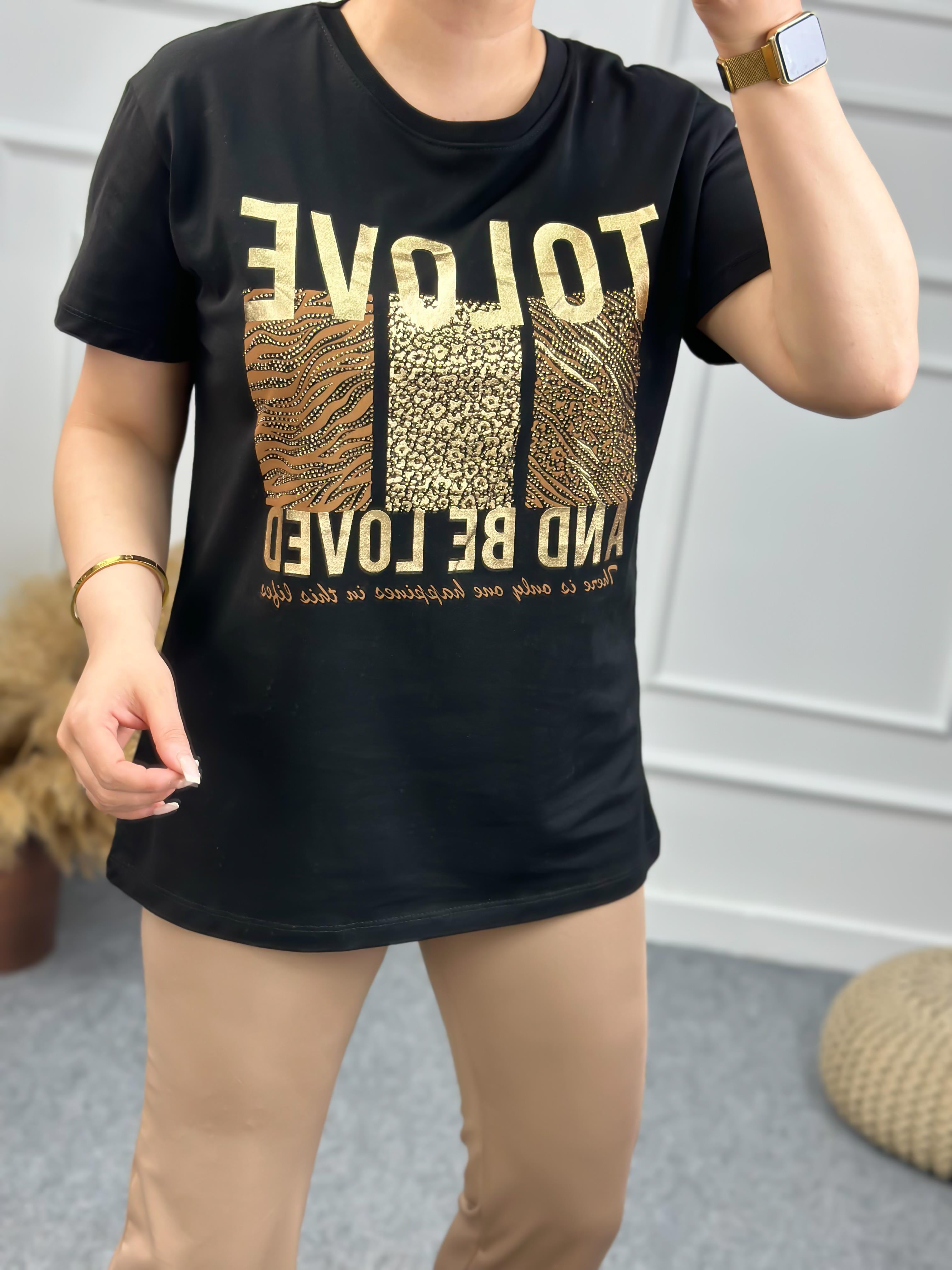 To Love Baskılı Taşlı Tshirt SİYAH-23YUST000071