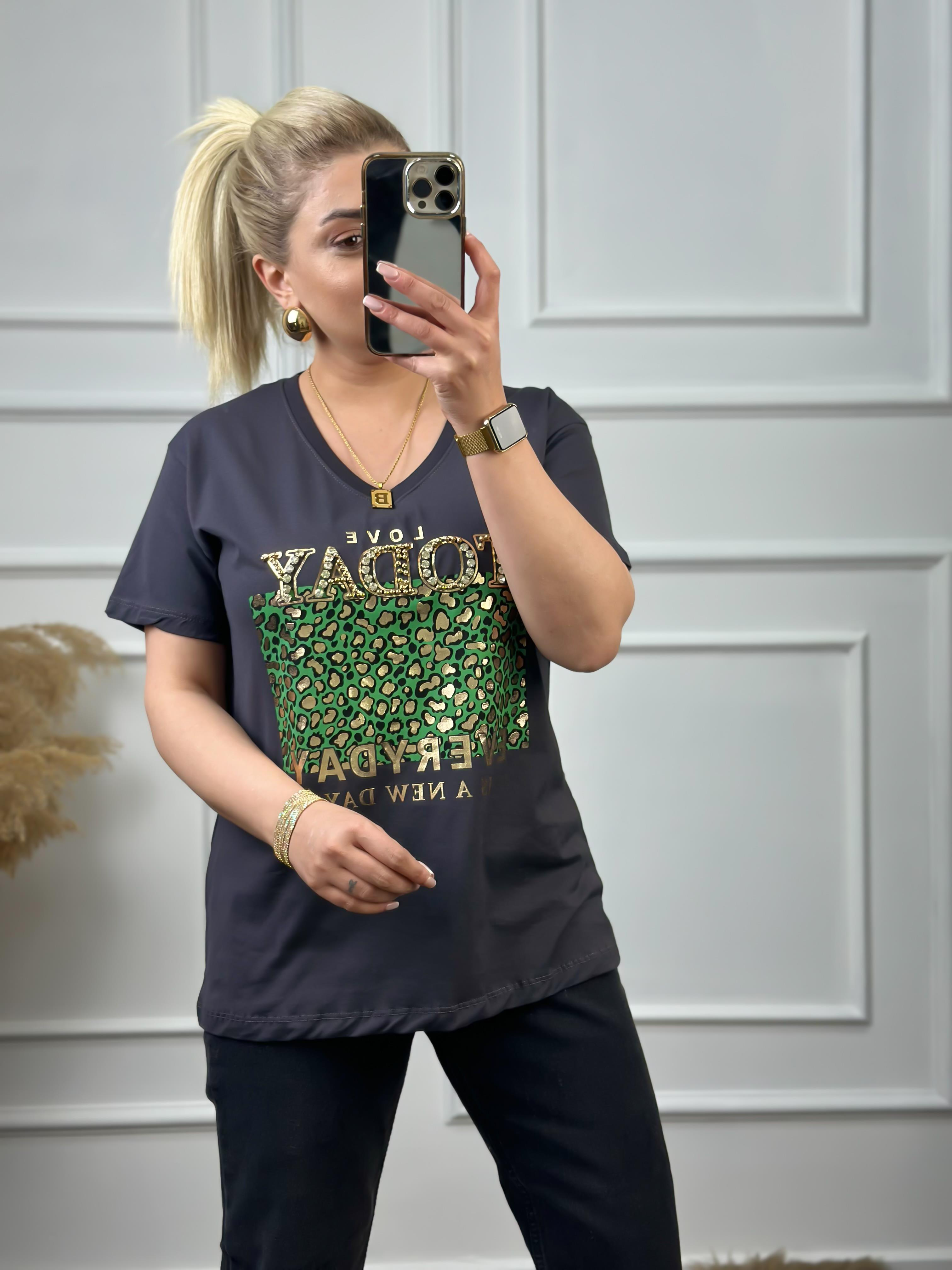 Today V Yaka Taşlı Tshirt ANTRASİT-23YUST000051