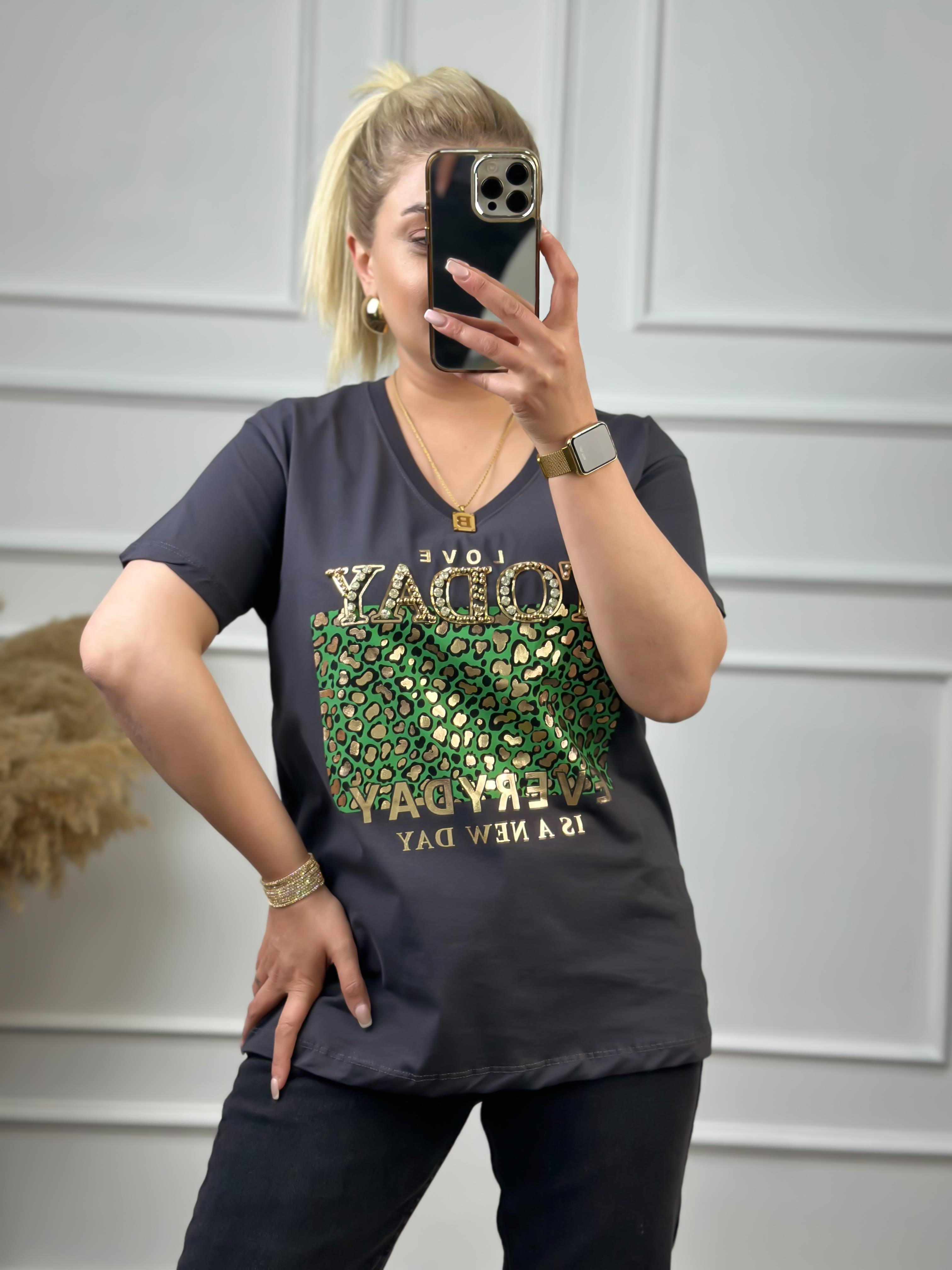 Today V Yaka Taşlı Tshirt ANTRASİT-23YUST000051