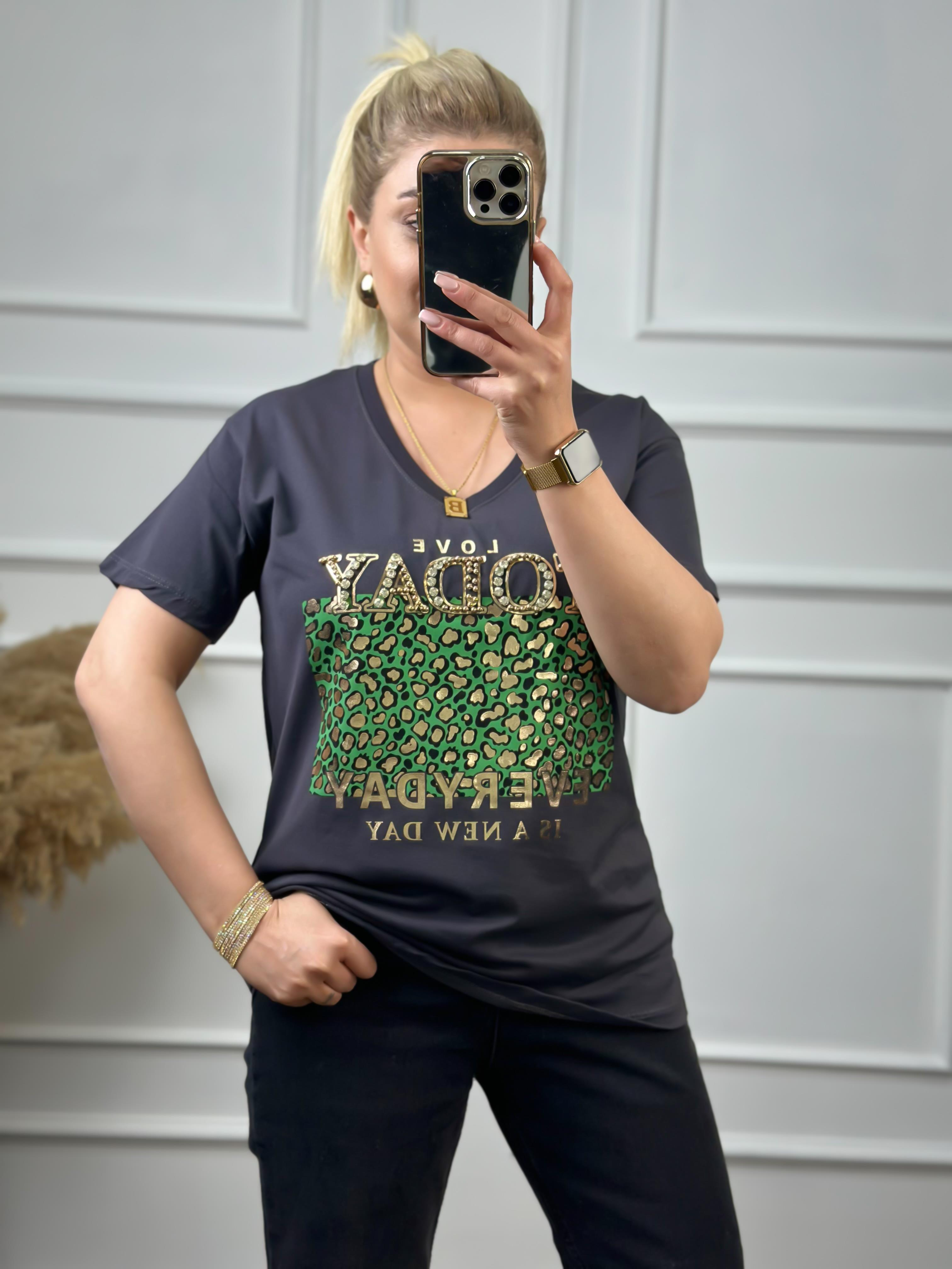 Today V Yaka Taşlı Tshirt ANTRASİT-23YUST000051