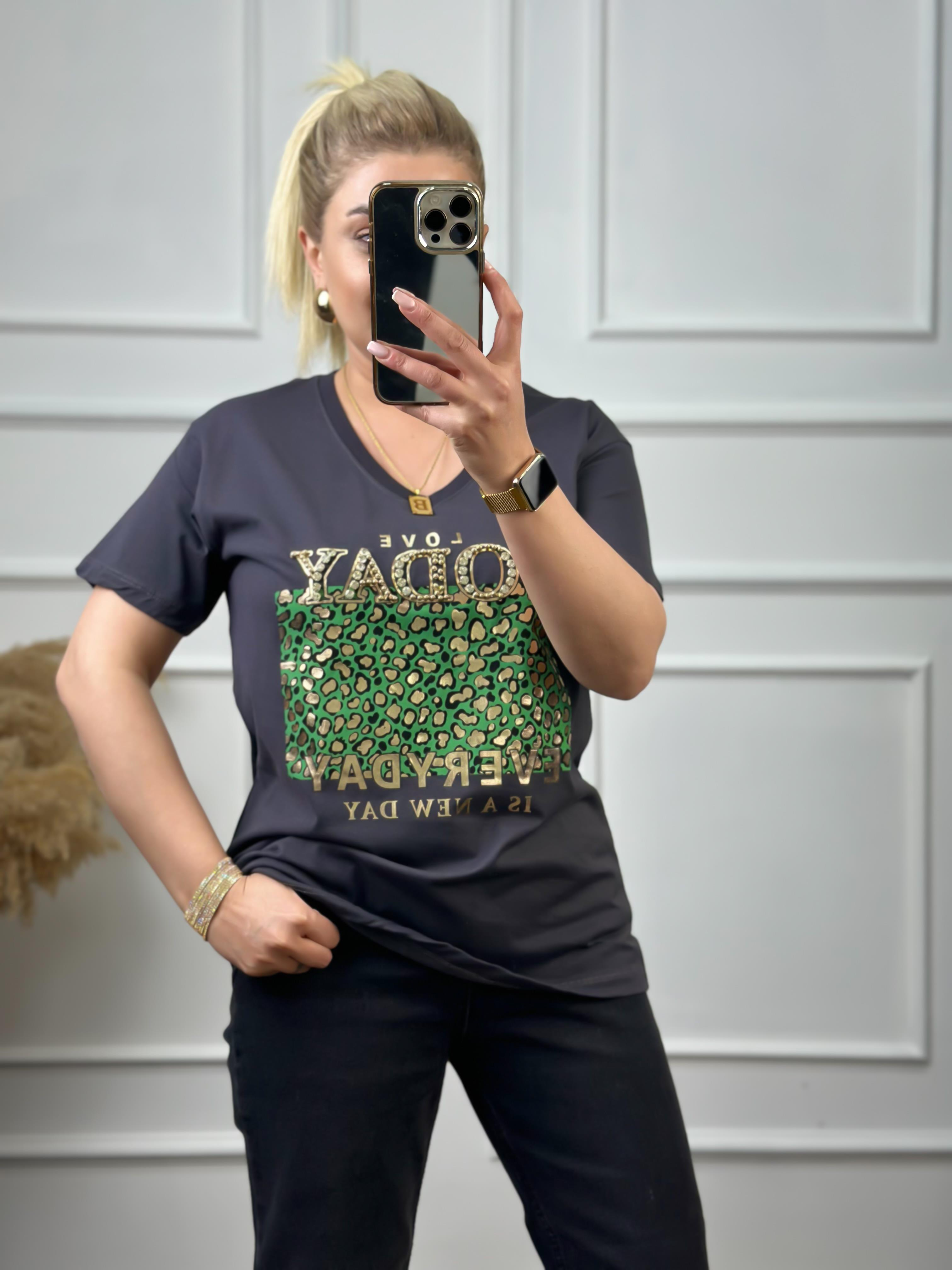 Today V Yaka Taşlı Tshirt ANTRASİT-23YUST000051